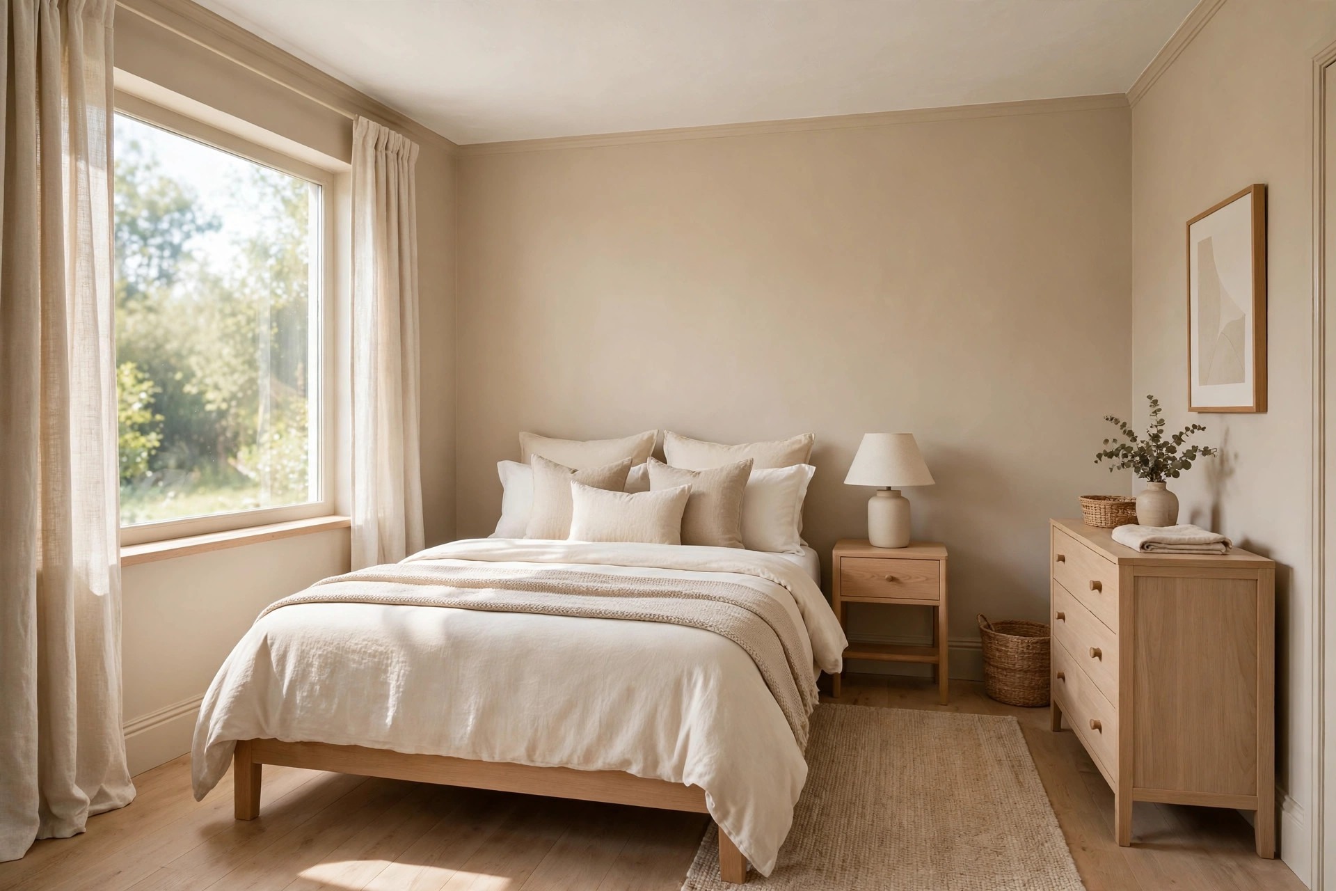 Guest bedroom with warm beige walls, white ceiling, cream bedding, light wood dresser and a large sunny window