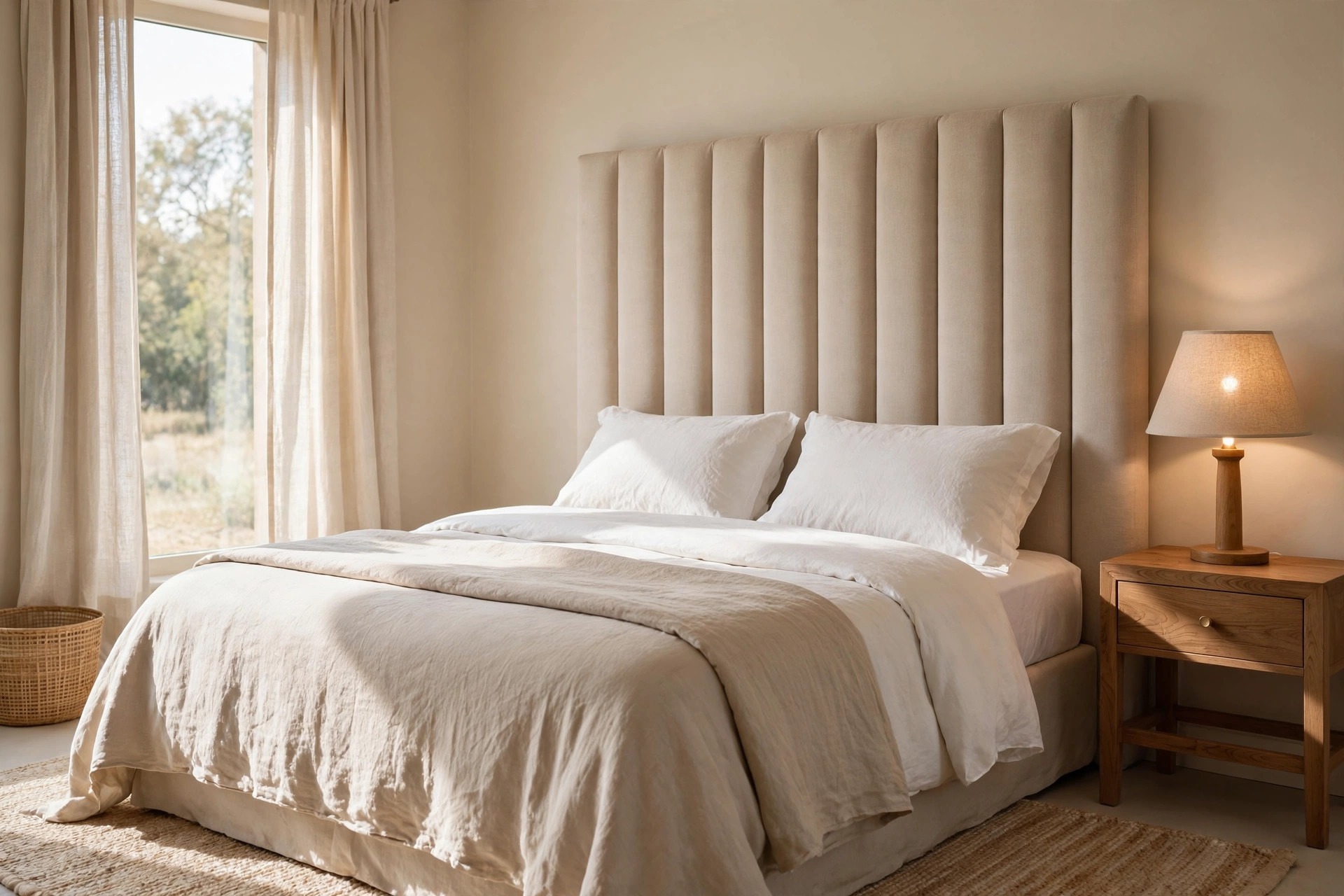 Tall padded beige channel headboard behind white pillows, with a wooden nightstand and lit lamp beside the bed