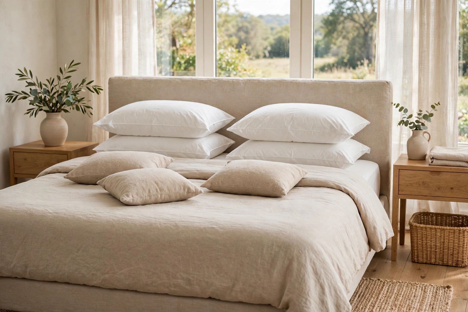 Guest bed with four white sleeping pillows stacked in two pairs and small beige cushions in front