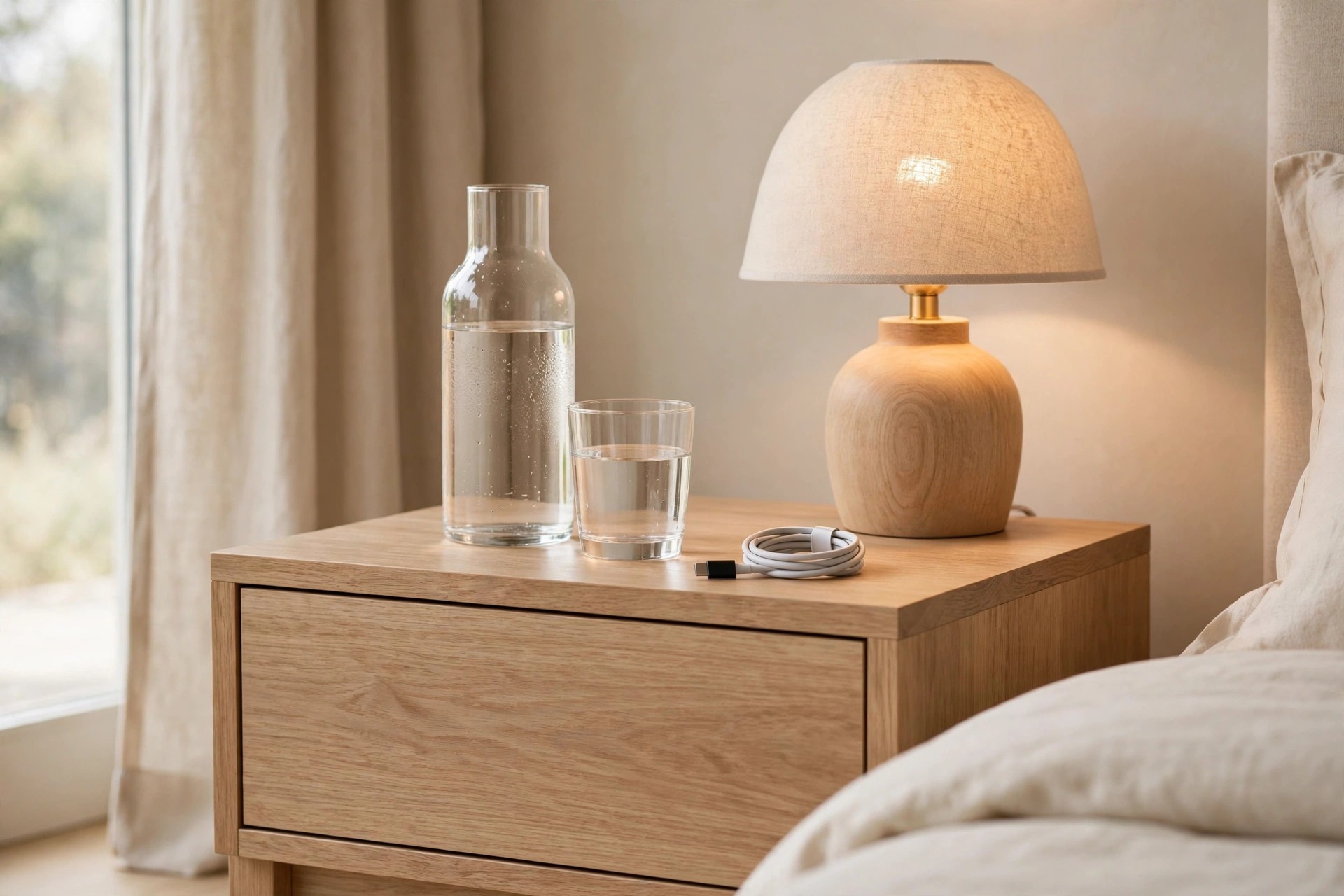 Wooden nightstand holding a glass water carafe, a drinking glass, a coiled charging cable and a warm lamp