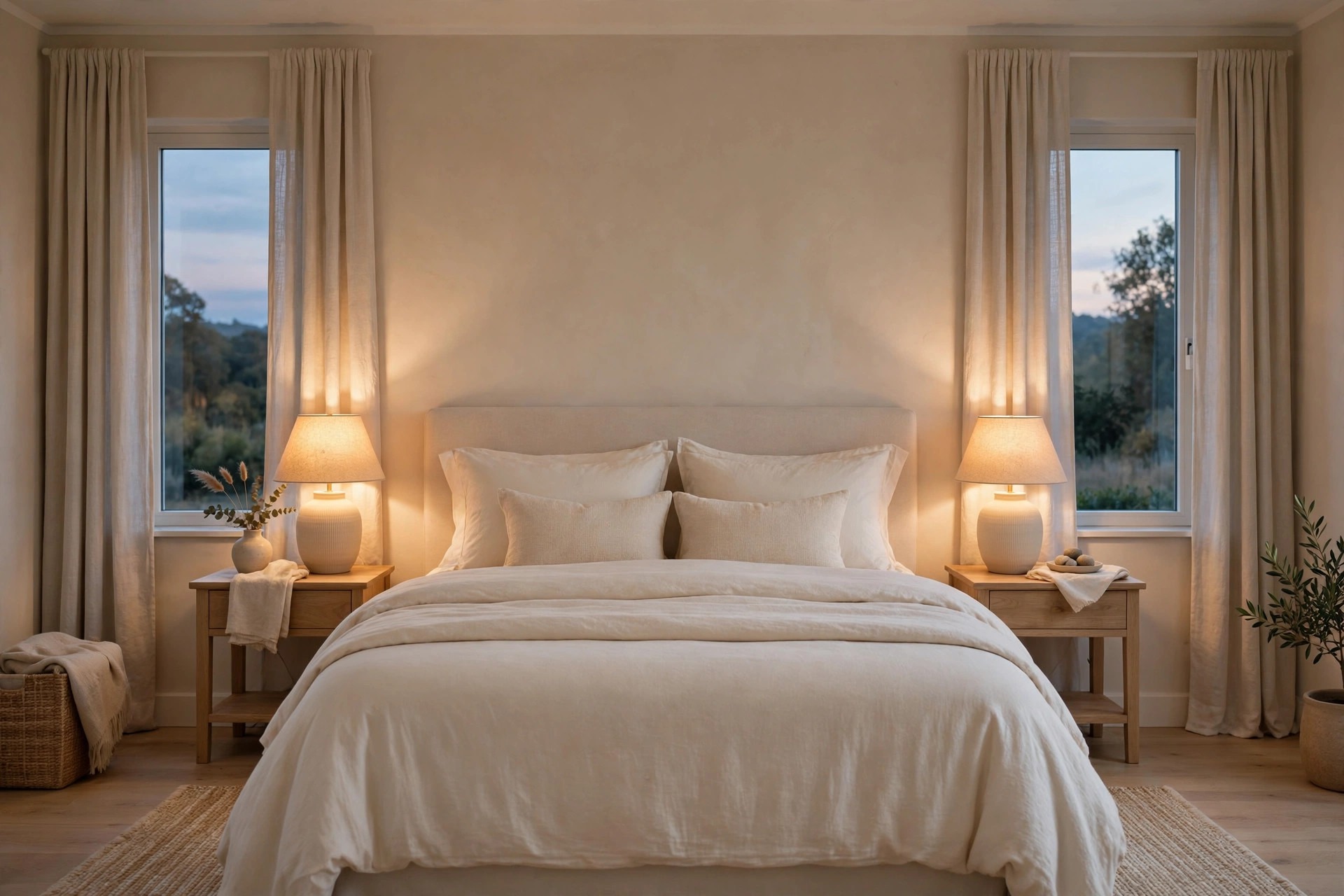Beige guest bedroom at dusk with matching warm lamps glowing on both sides of a cream bed