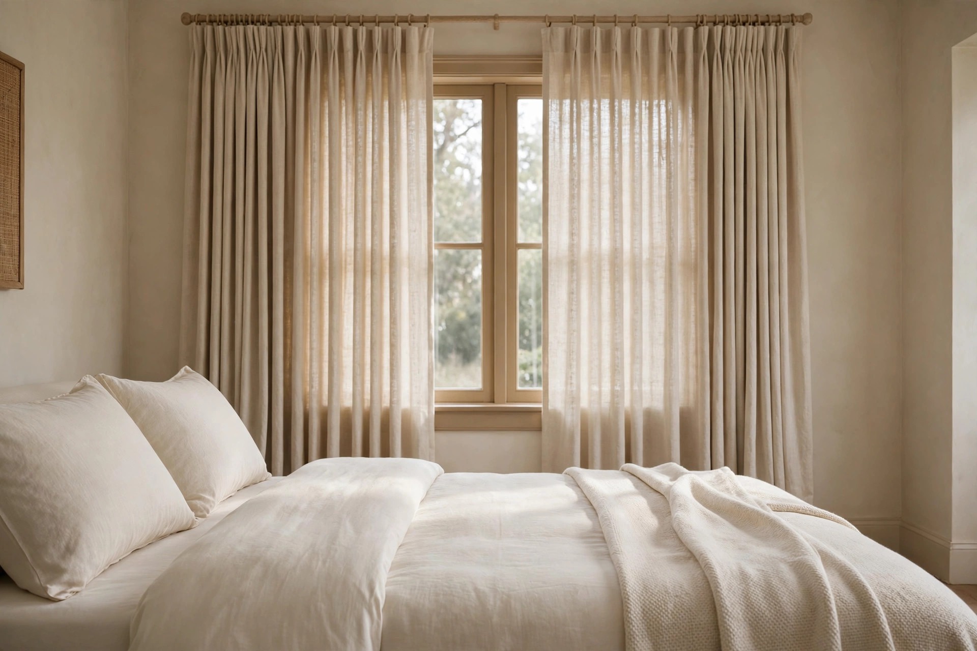 Long lined beige curtains partly drawn across a bedroom window above a cream bed