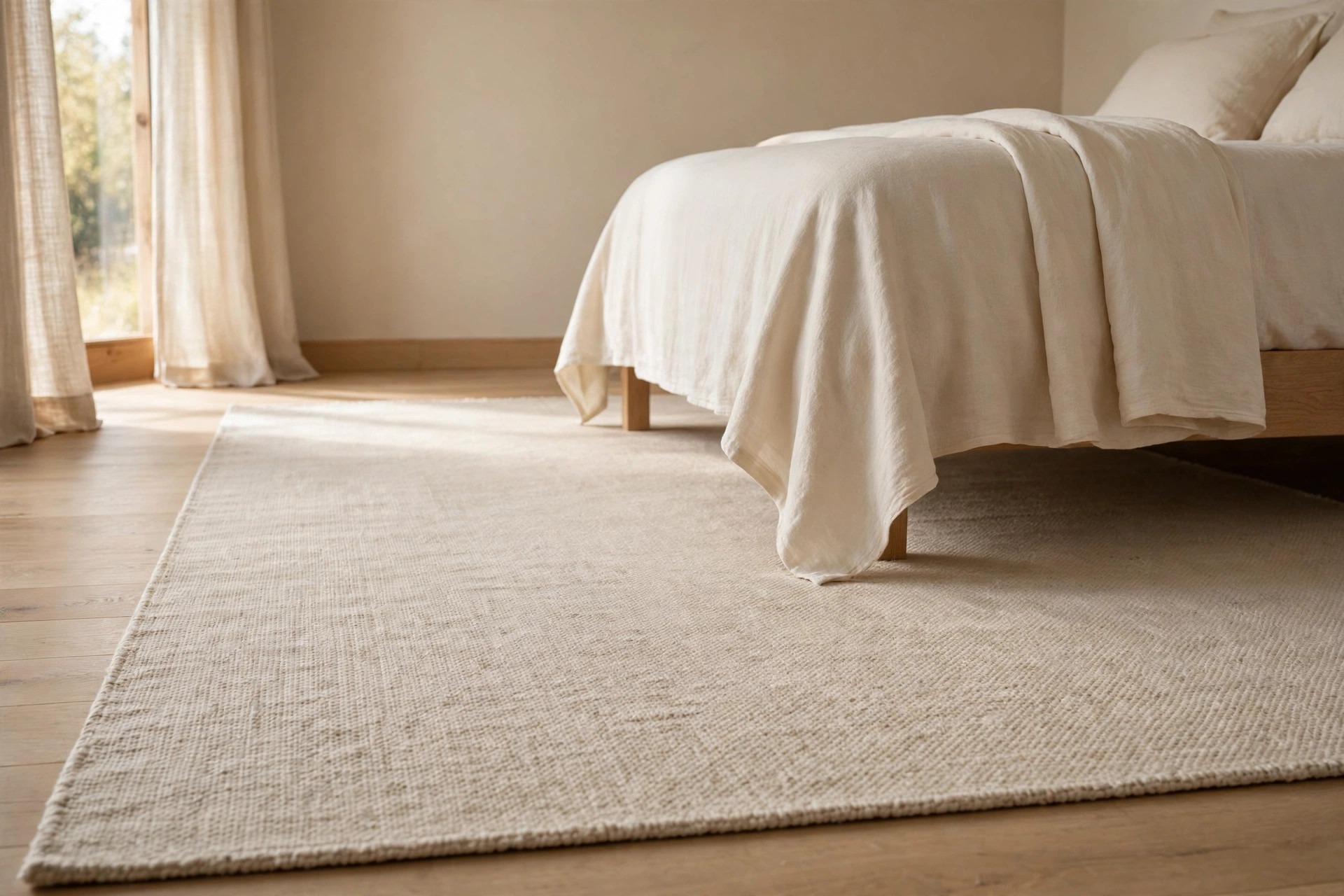 Low view of a soft oatmeal rug running beside a guest bed on a light wood floor