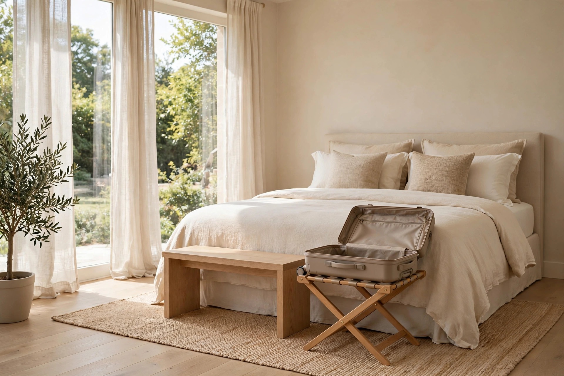 Wood bench and folding luggage rack with an open suitcase at the foot of a beige guest bed