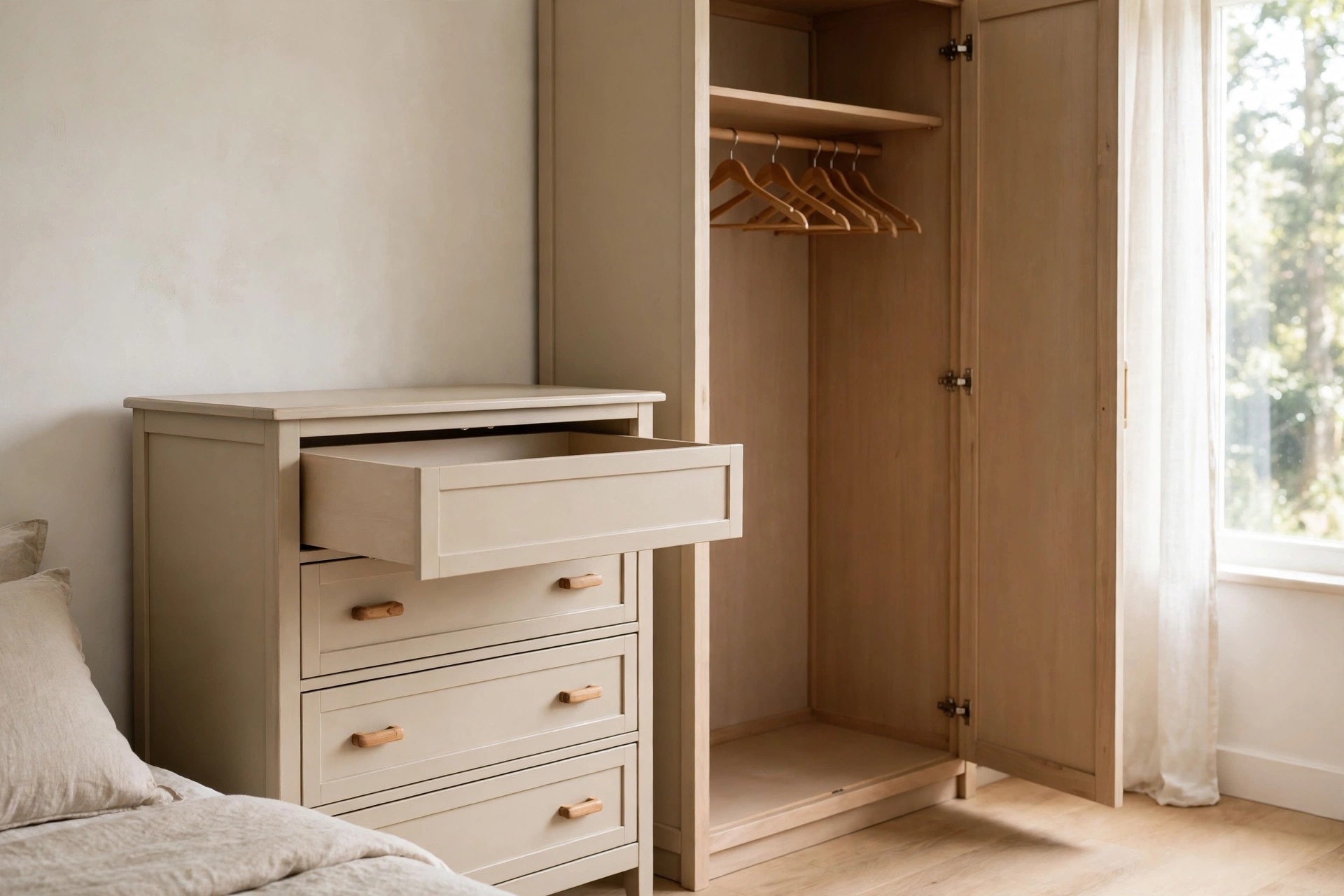 Beige dresser with one drawer open and empty beside an open wardrobe with empty wooden hangers
