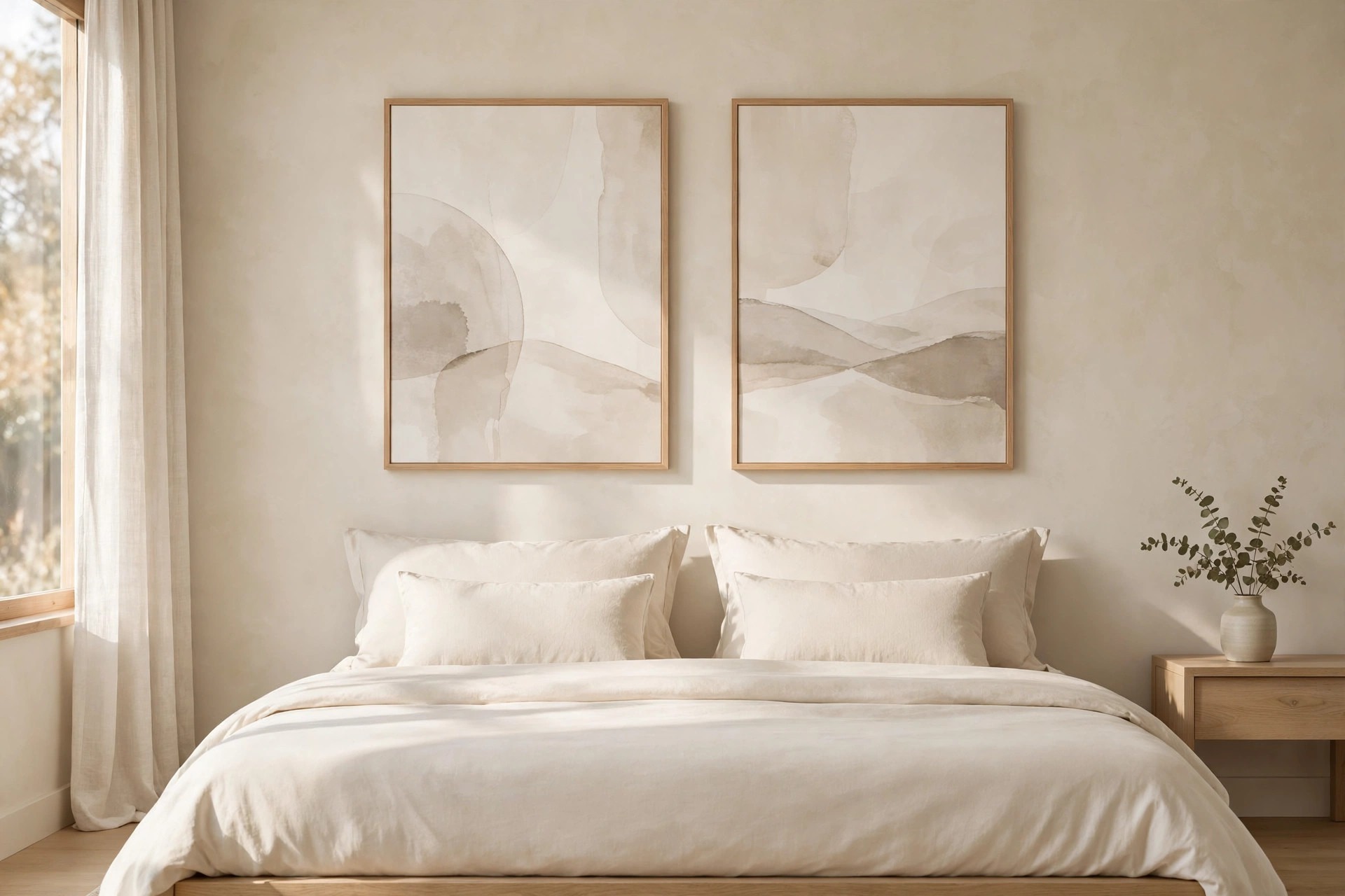 Two large abstract prints in beige and taupe in light wood frames above a cream bed