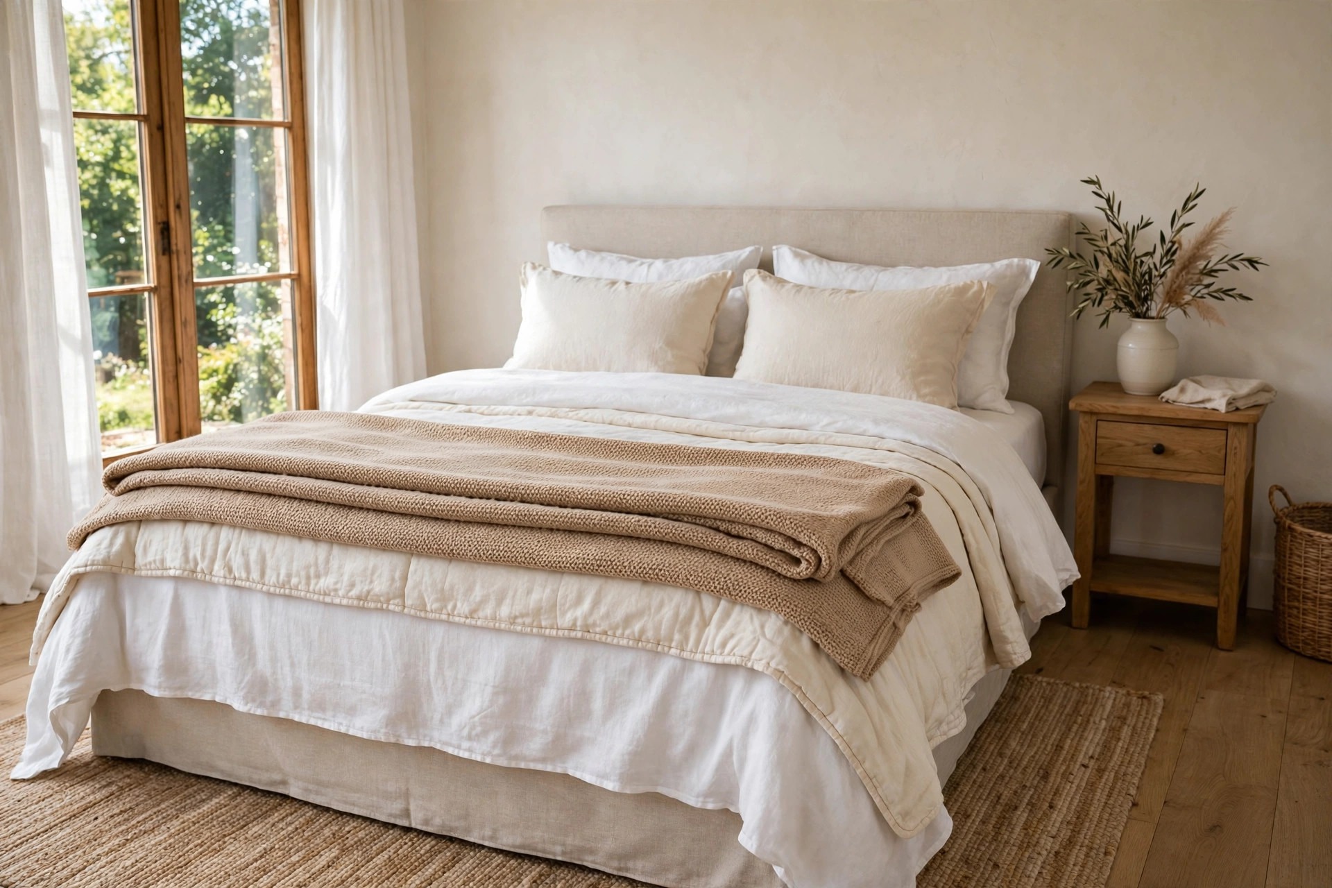 Guest bed with a warm sand knit blanket folded neatly across the foot over white and cream layers