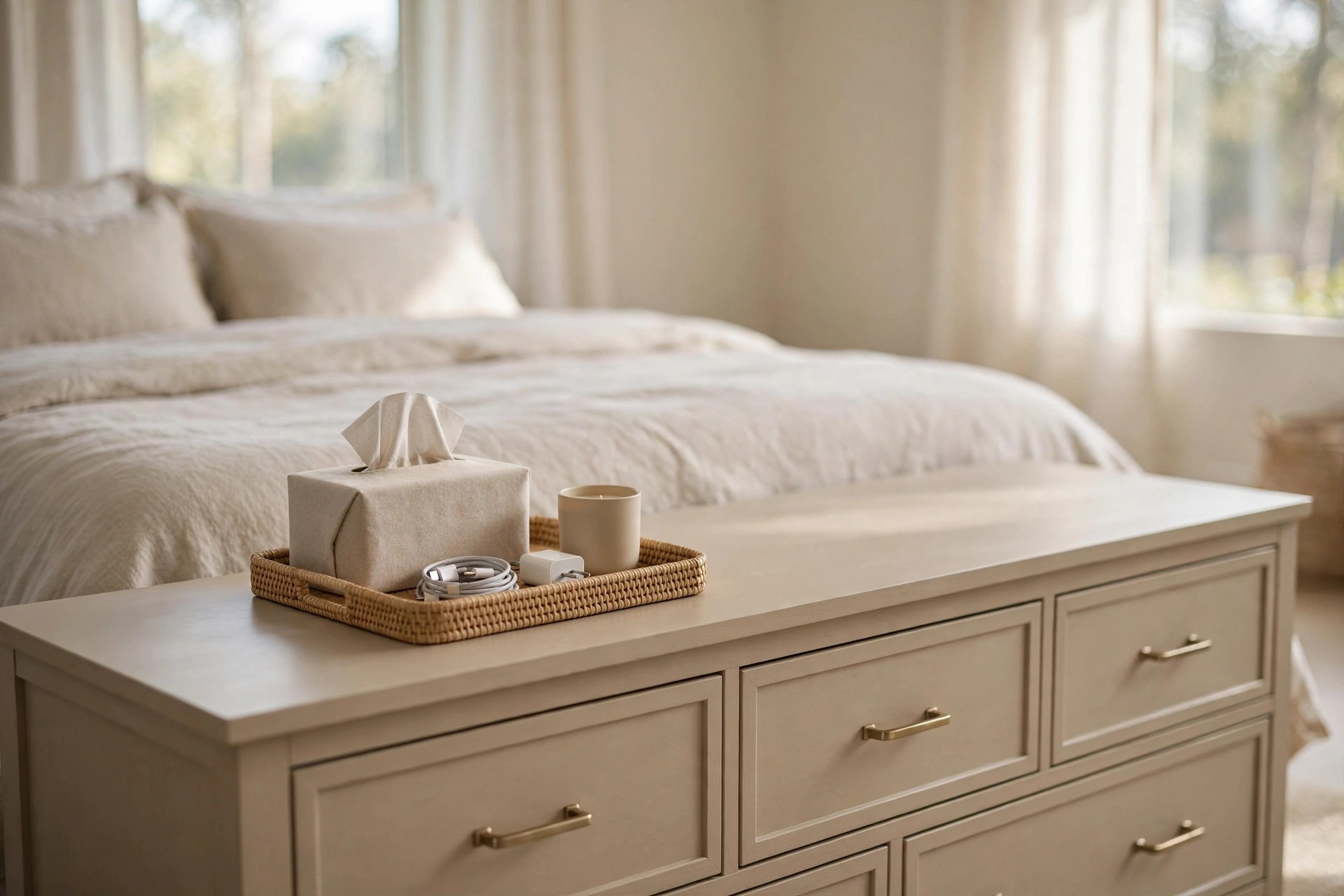 Woven tray on a beige dresser holding a tissue box with a plain cover, a spare charger and a small candle