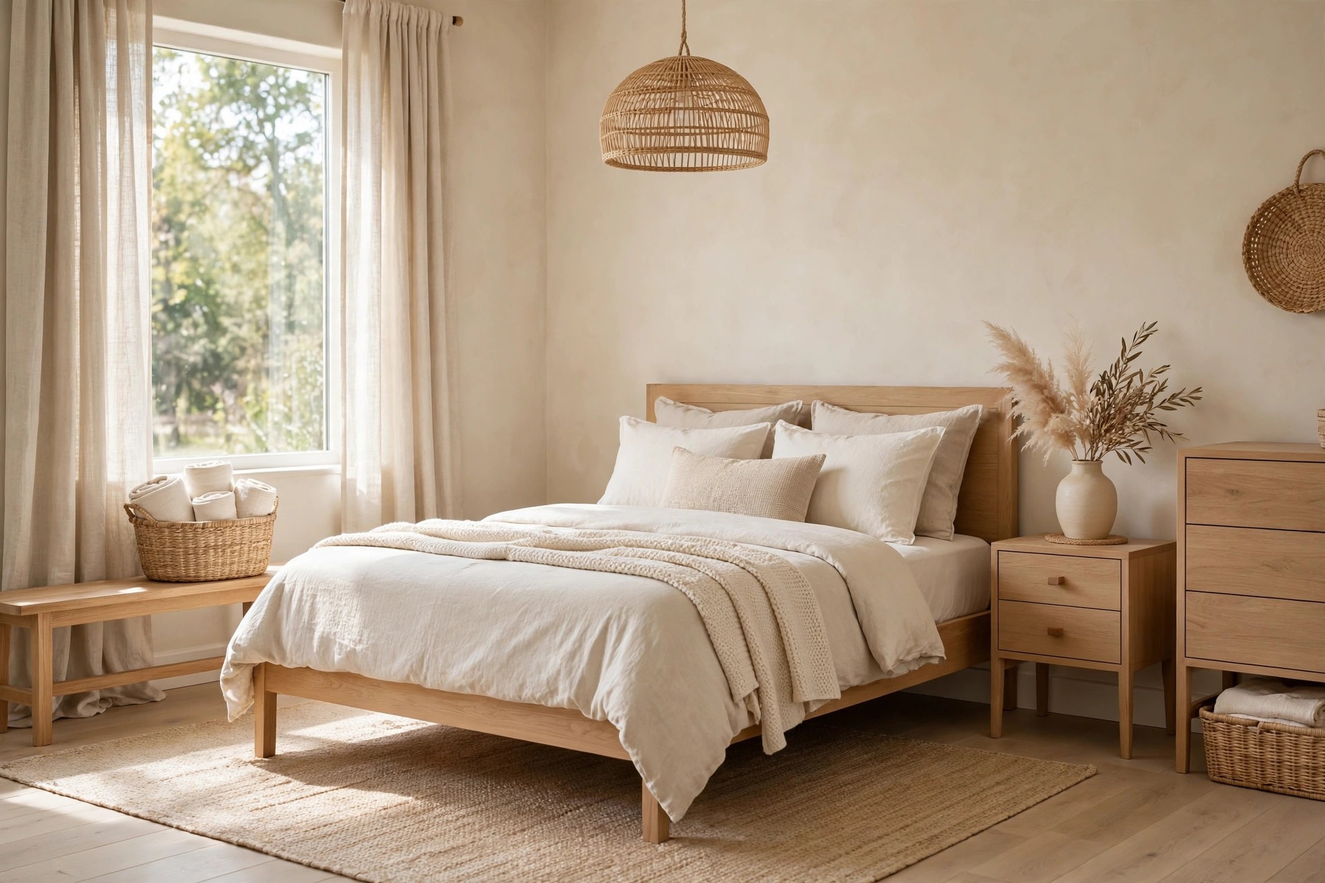 Beige bedroom mixing light oak furniture, a rattan pendant light, woven baskets and linen curtains
