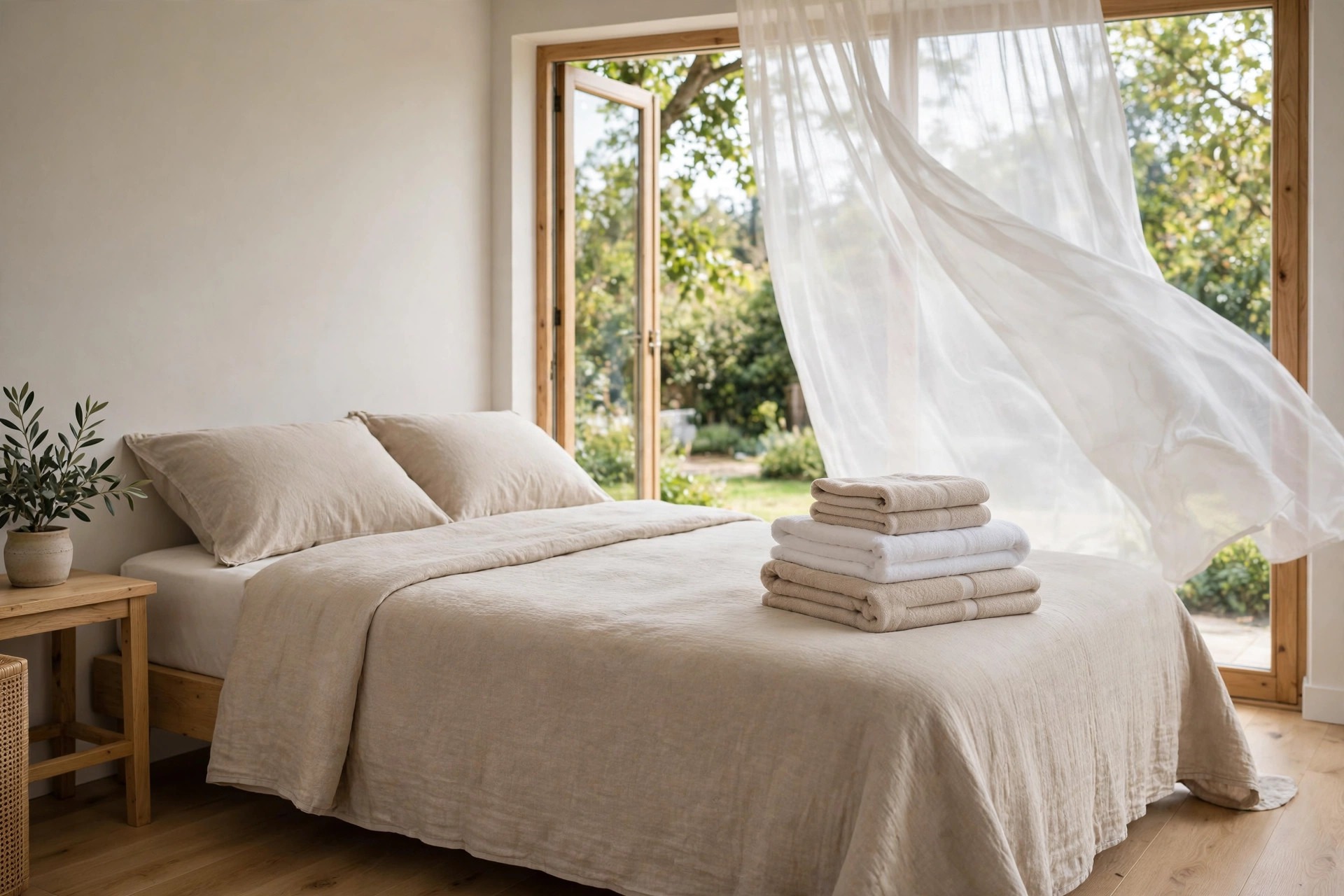 Beige bed with a neat stack of folded white and beige towels, sheer curtain lifting at an open garden door