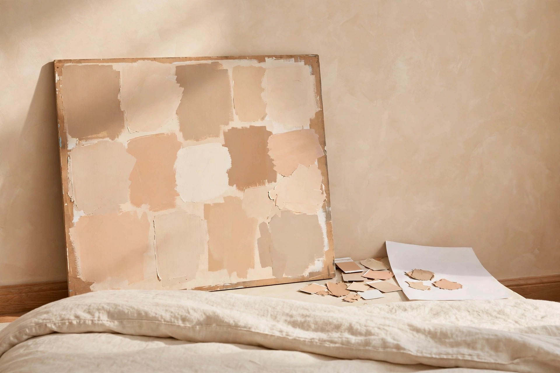 Large paint test board with peach, cream and sand beige swatches leaning against a warm beige wall above a cream bed