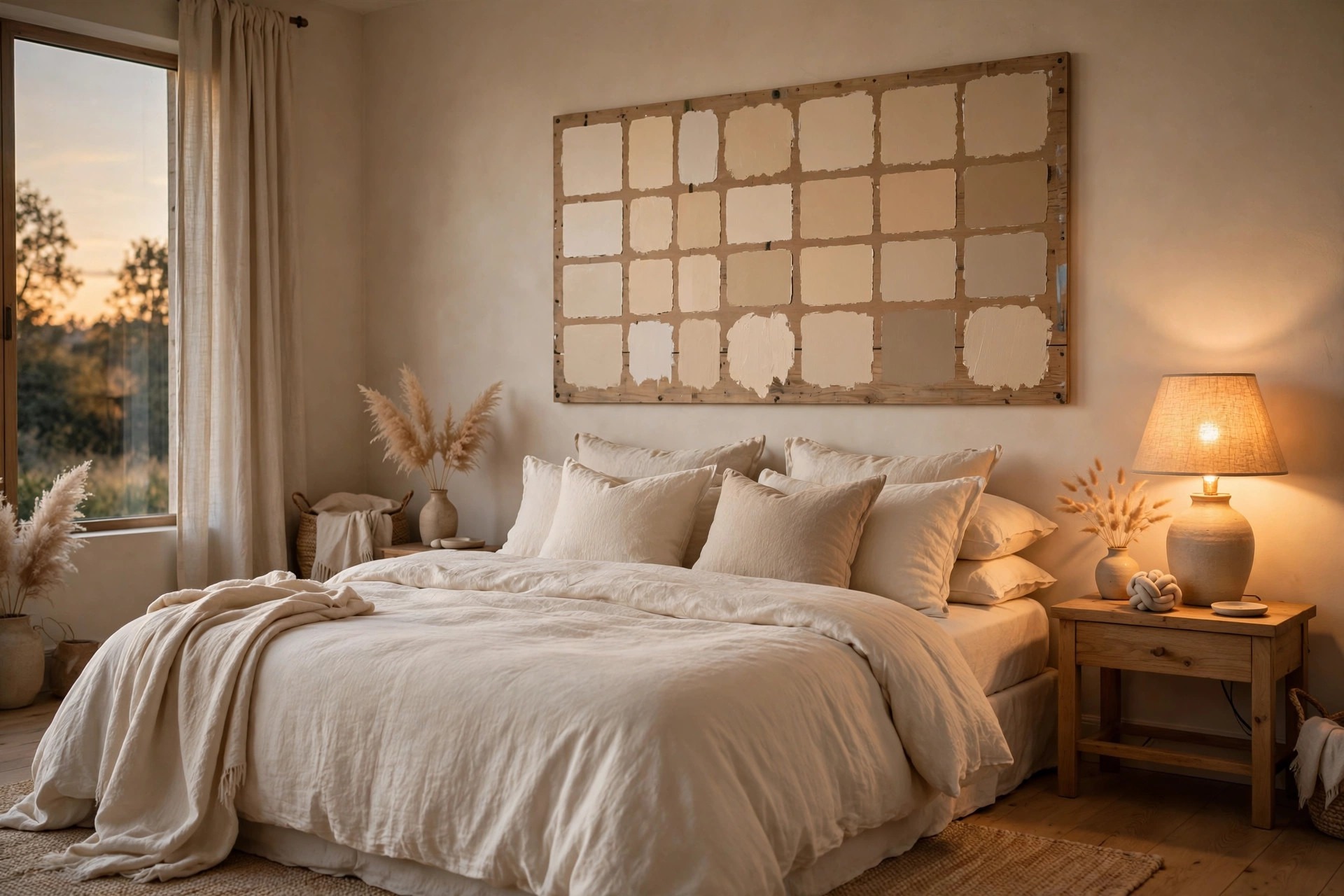 Beige bedroom at sunset with a large grid paint test board above the bed and a warm linen-shade lamp lit on the nightstand