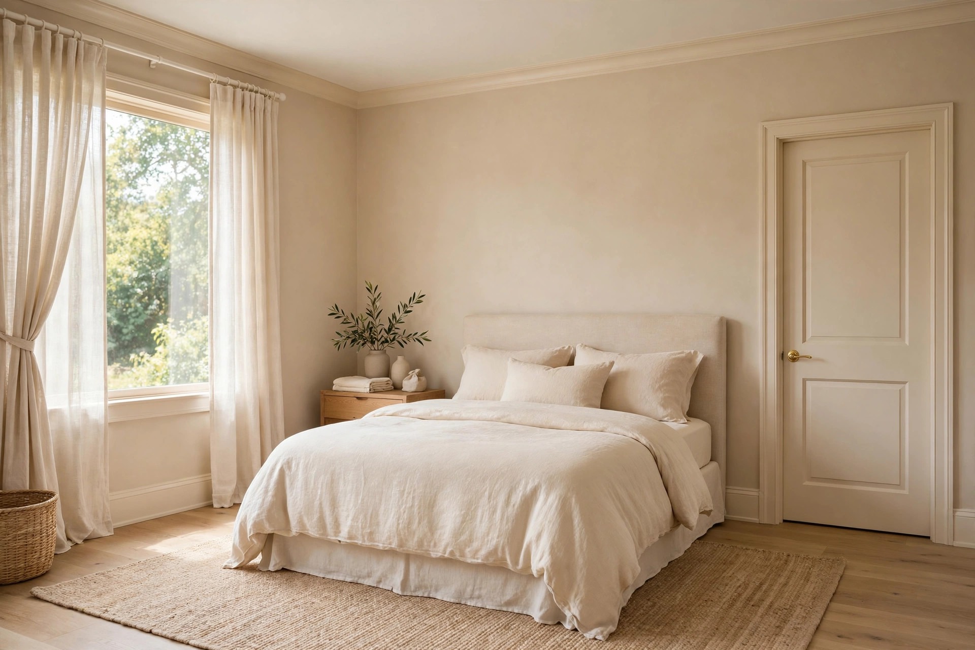 Beige bedroom with warm white door and trim, cream bedding and a woven rug in daylight