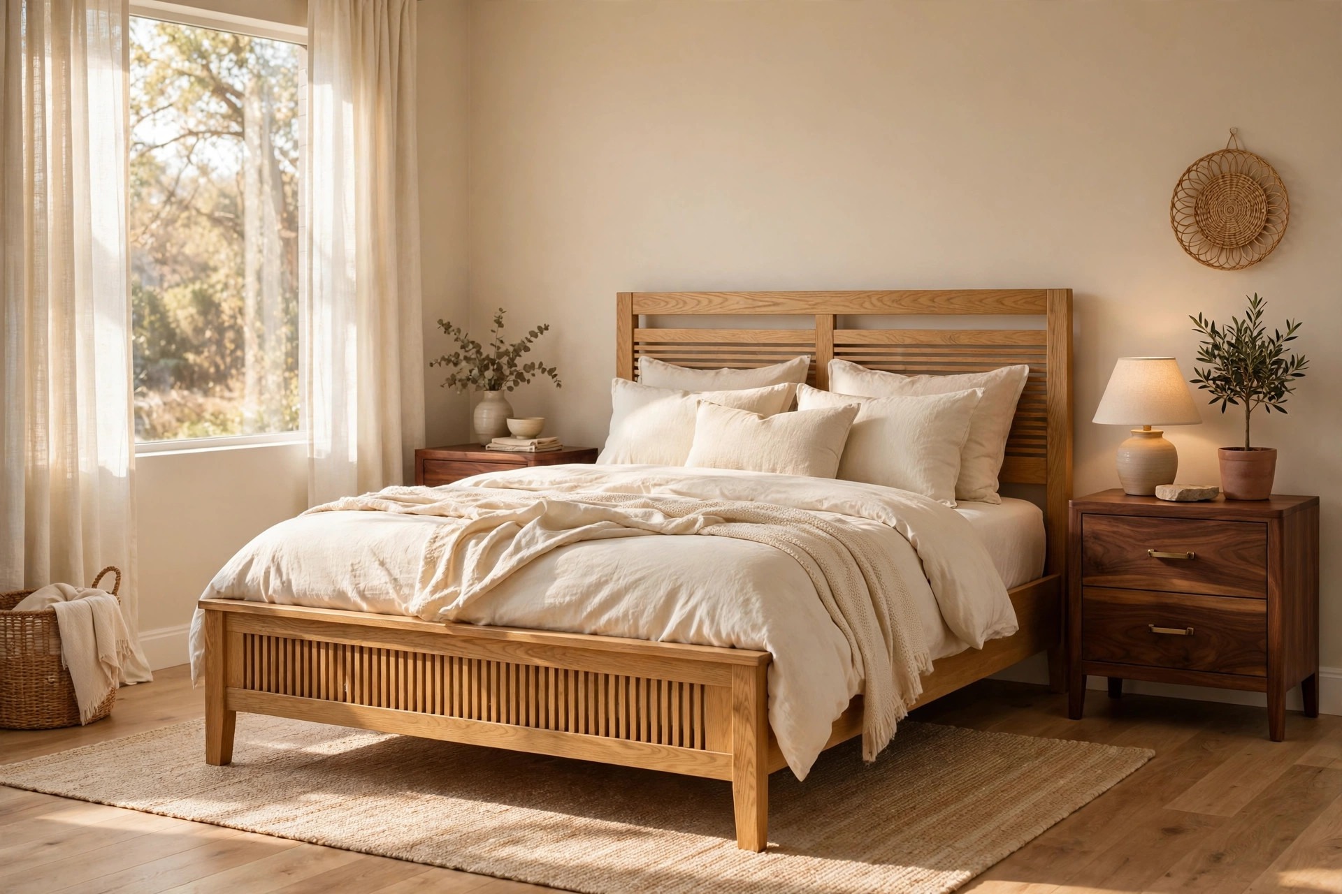 Honey oak bed frame with dark walnut nightstands and cream bedding in a warm beige bedroom