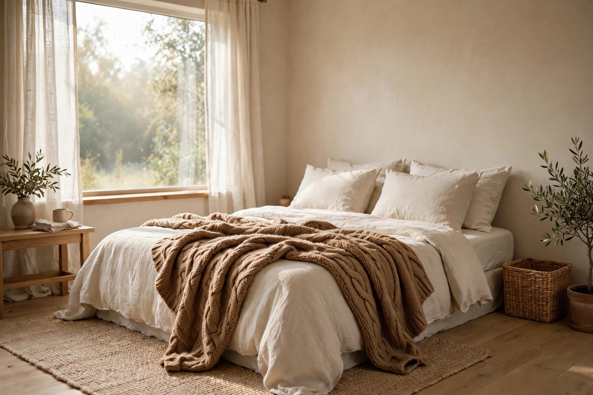 Cream bed with a chunky camel cable-knit wool throw draped across the foot in morning light