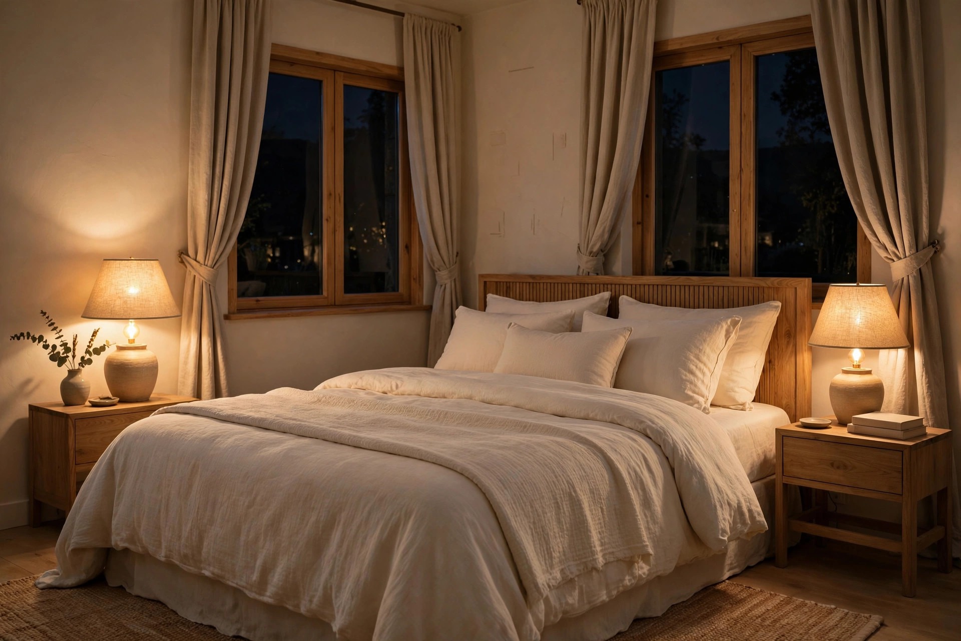 Beige bedroom at night with two warm glowing linen-shade lamps on wood nightstands