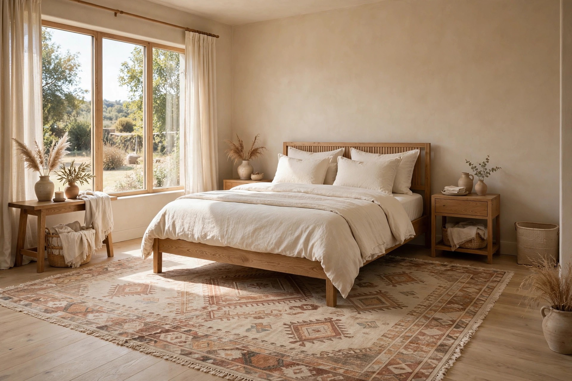 Large faded patterned rug in cream, sand and clay under a wood bed in a beige bedroom