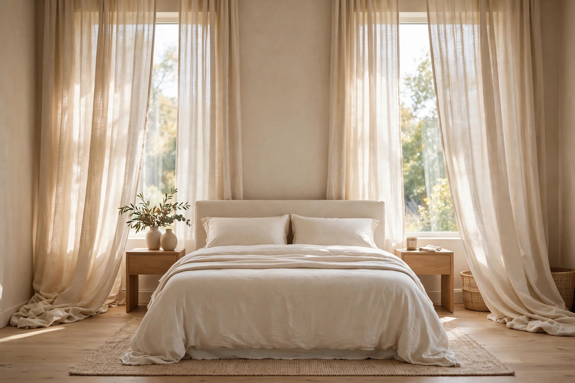 Warm cream linen curtains filtering daylight on tall windows behind a cream bed