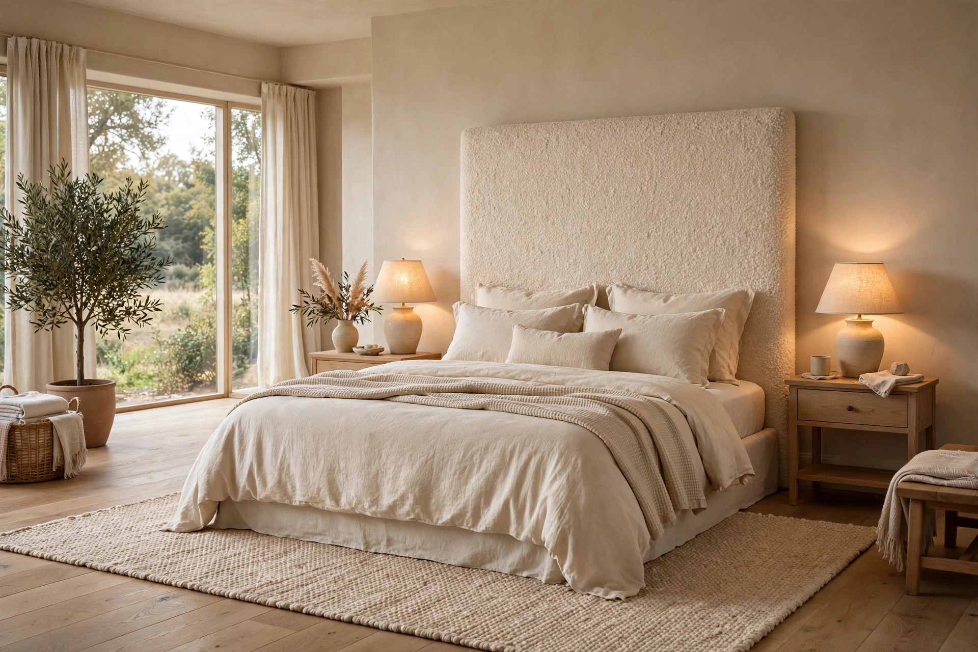 Tall warm cream boucle upholstered headboard behind cream and oat bedding with warm lamps