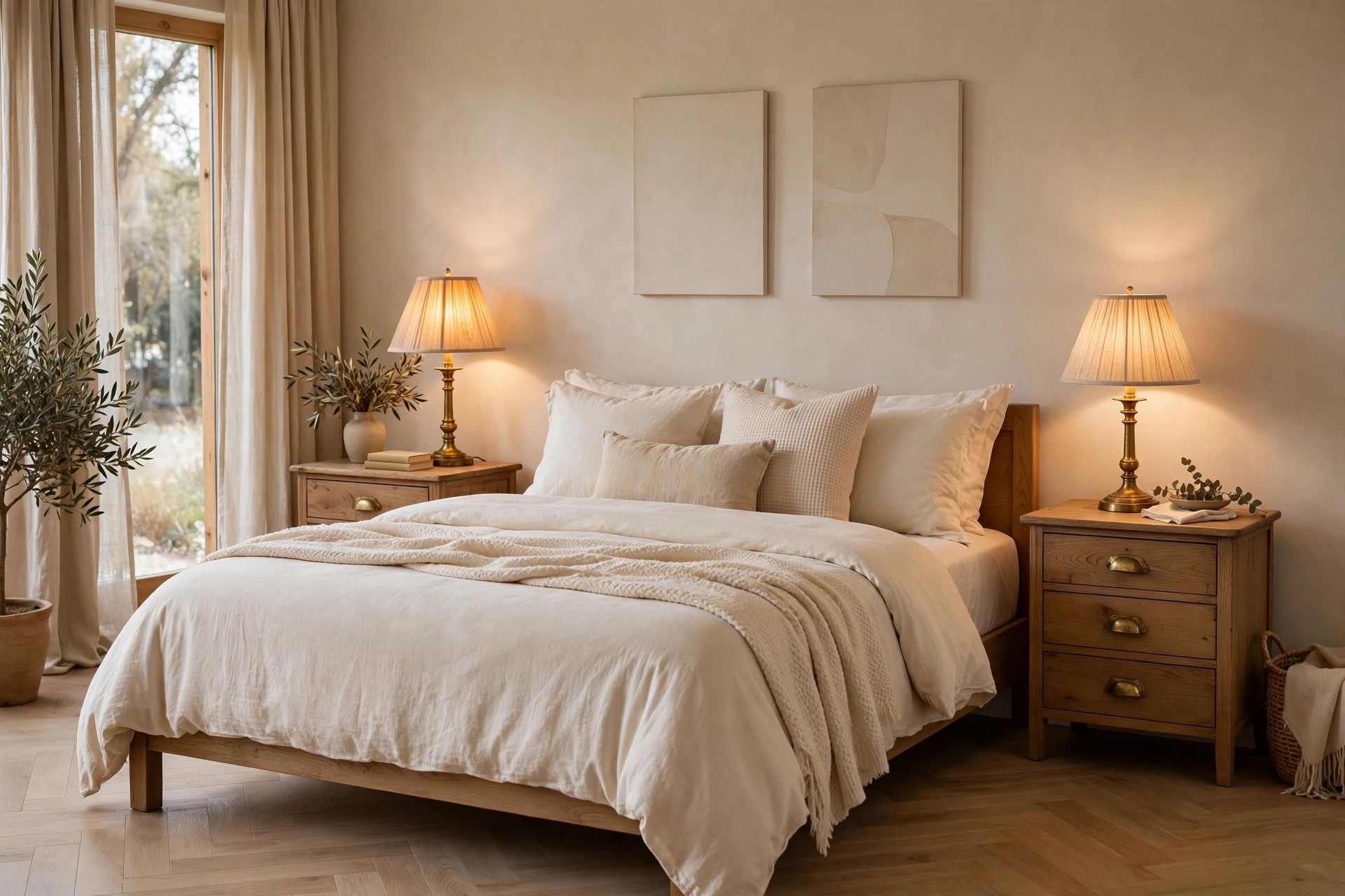 Beige bedroom with brass table lamps and brass drawer pulls on wood nightstands