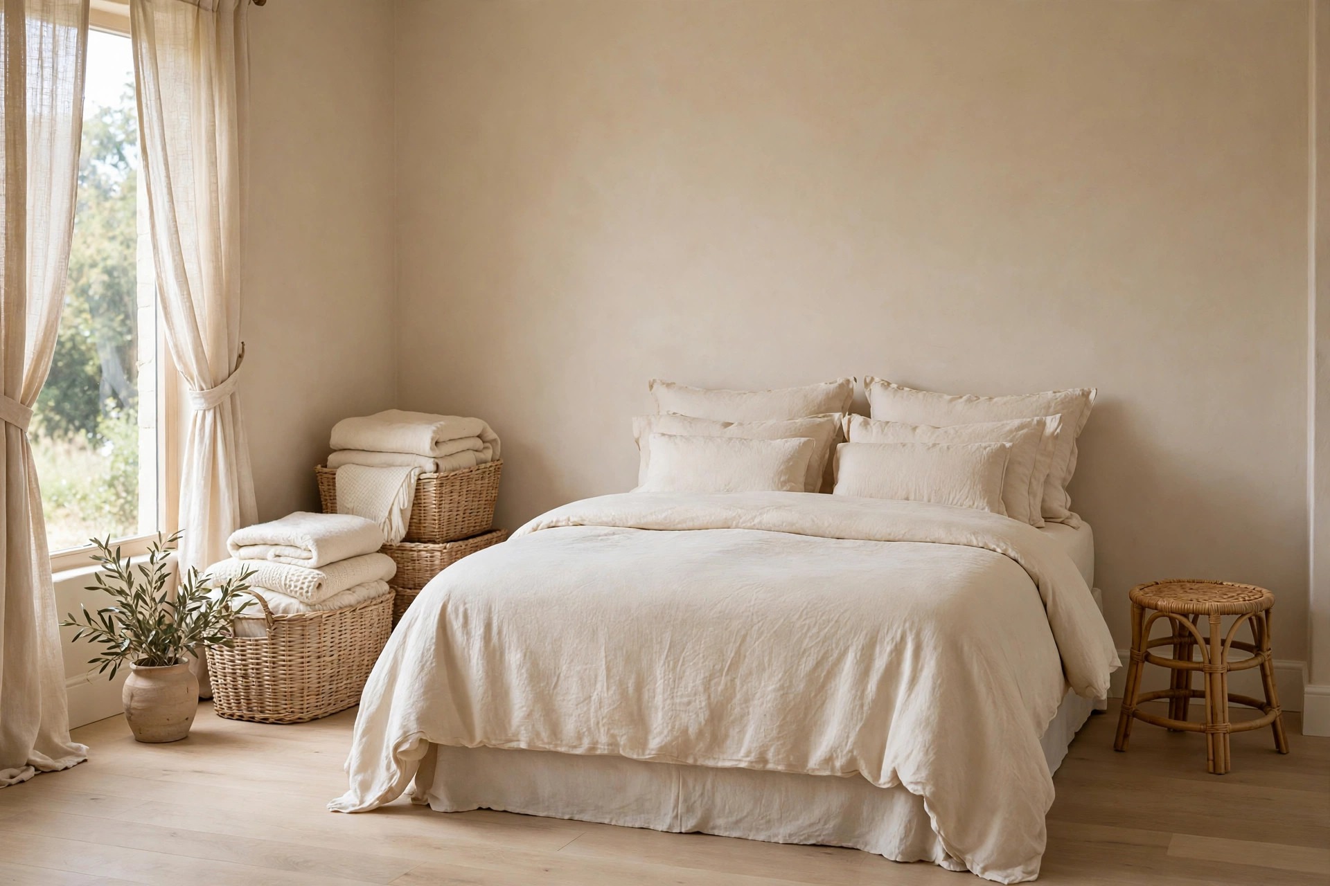 Beige bedroom with woven baskets of cream blankets and a rattan stool beside the bed