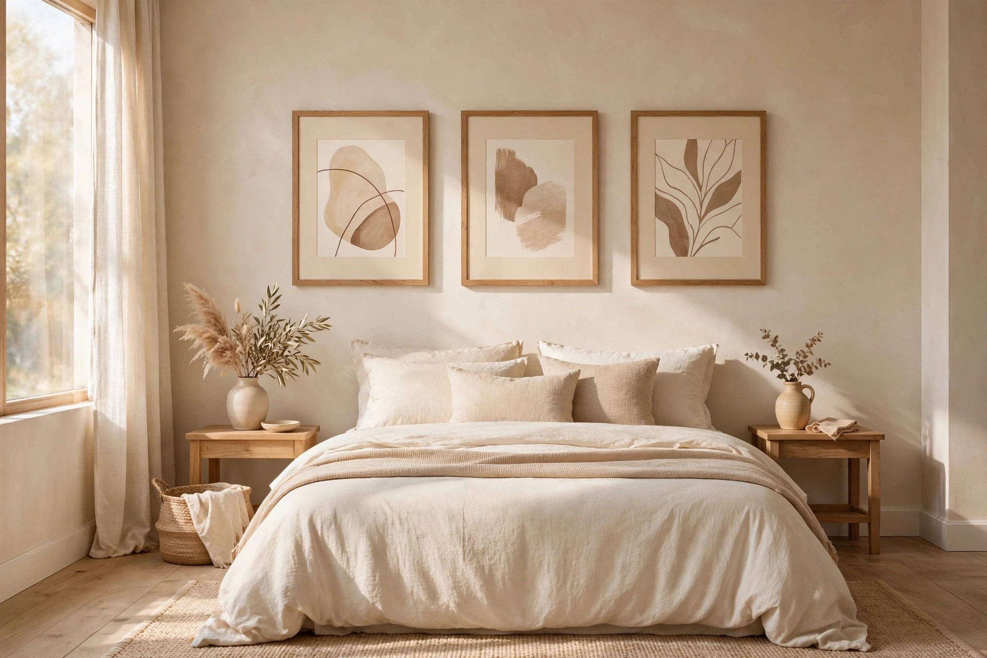 Three framed prints in sand and brown with cream mats and light oak frames above a cream bed