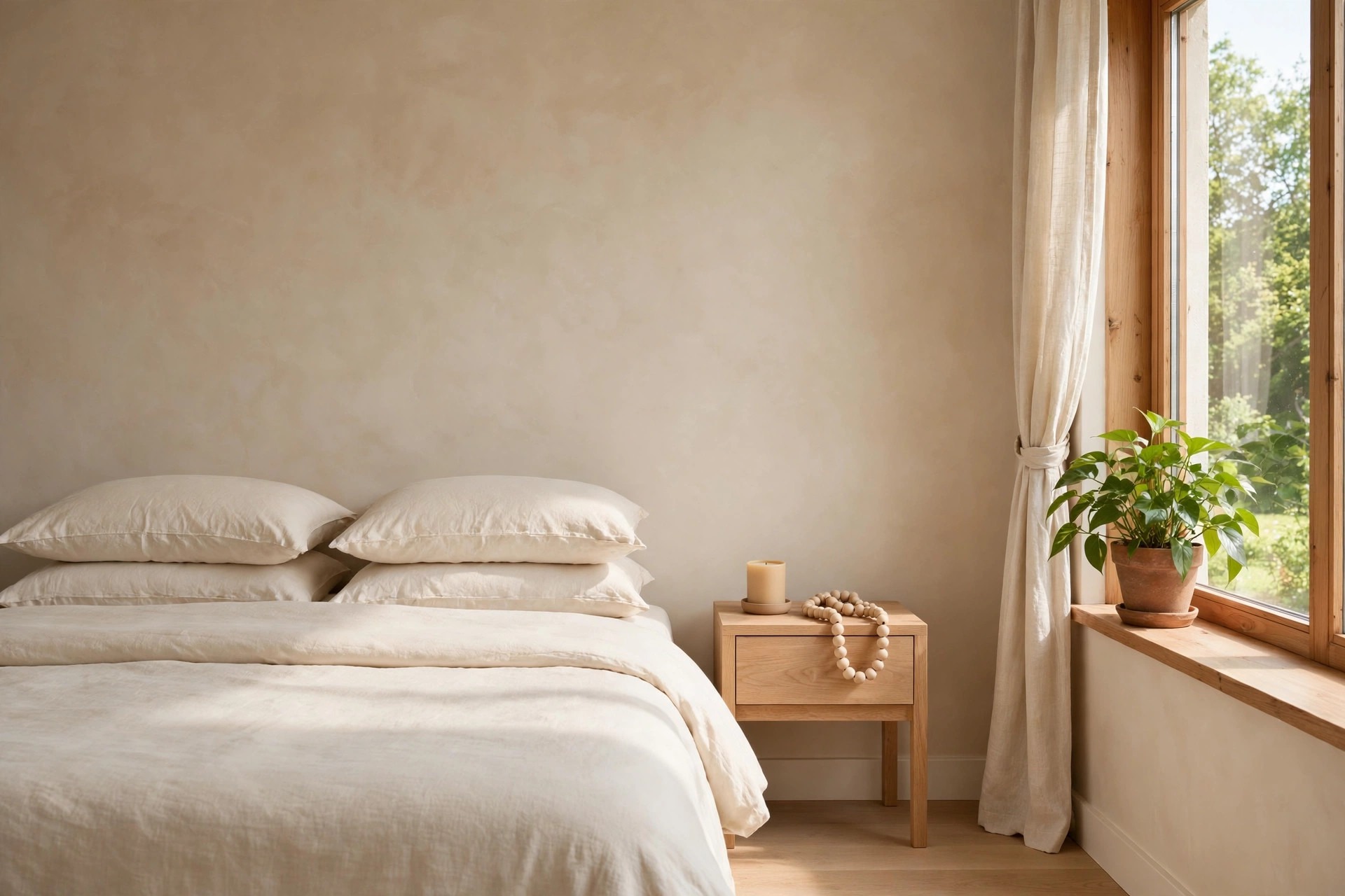 Beige bedroom with a green plant in a clay pot on the windowsill, a sand candle and wood bead garland on the nightstand