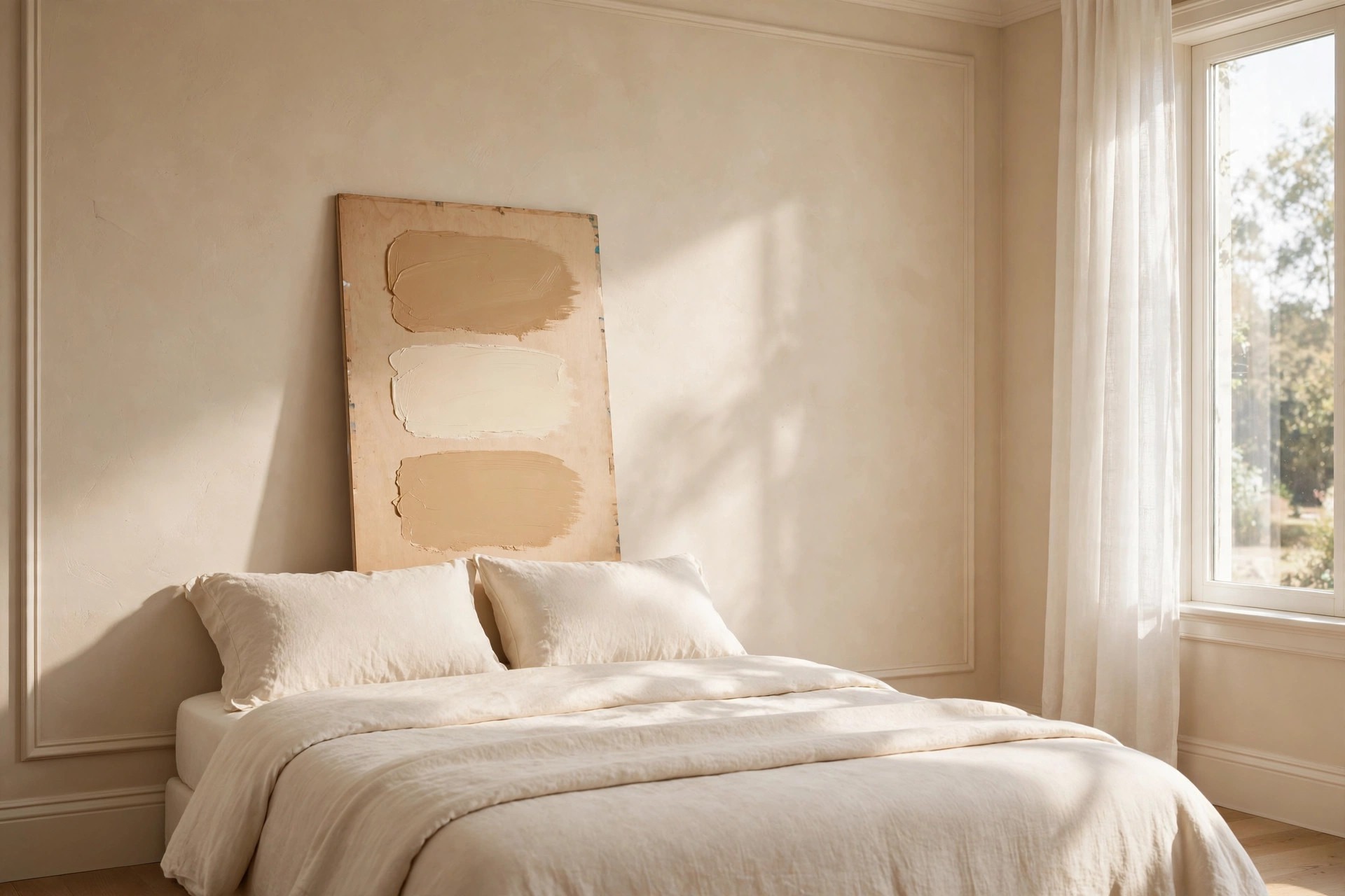 Large paint test board with warm beige, cream and sand swatches leaning above a cream bed in a beige bedroom