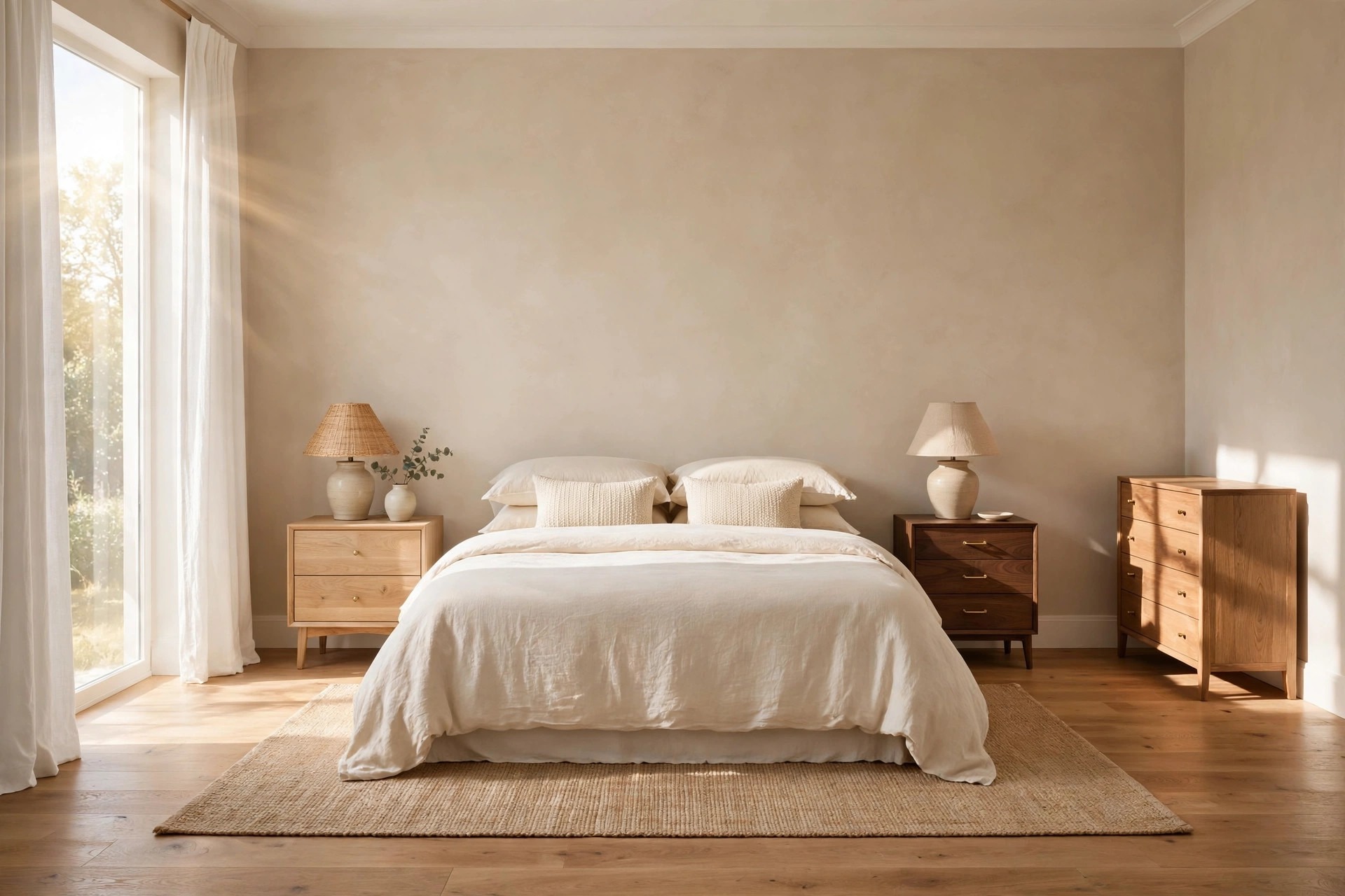 Rearranged beige bedroom with the bed centered on the wall, one light oak and one walnut nightstand, and a wood dresser by the window