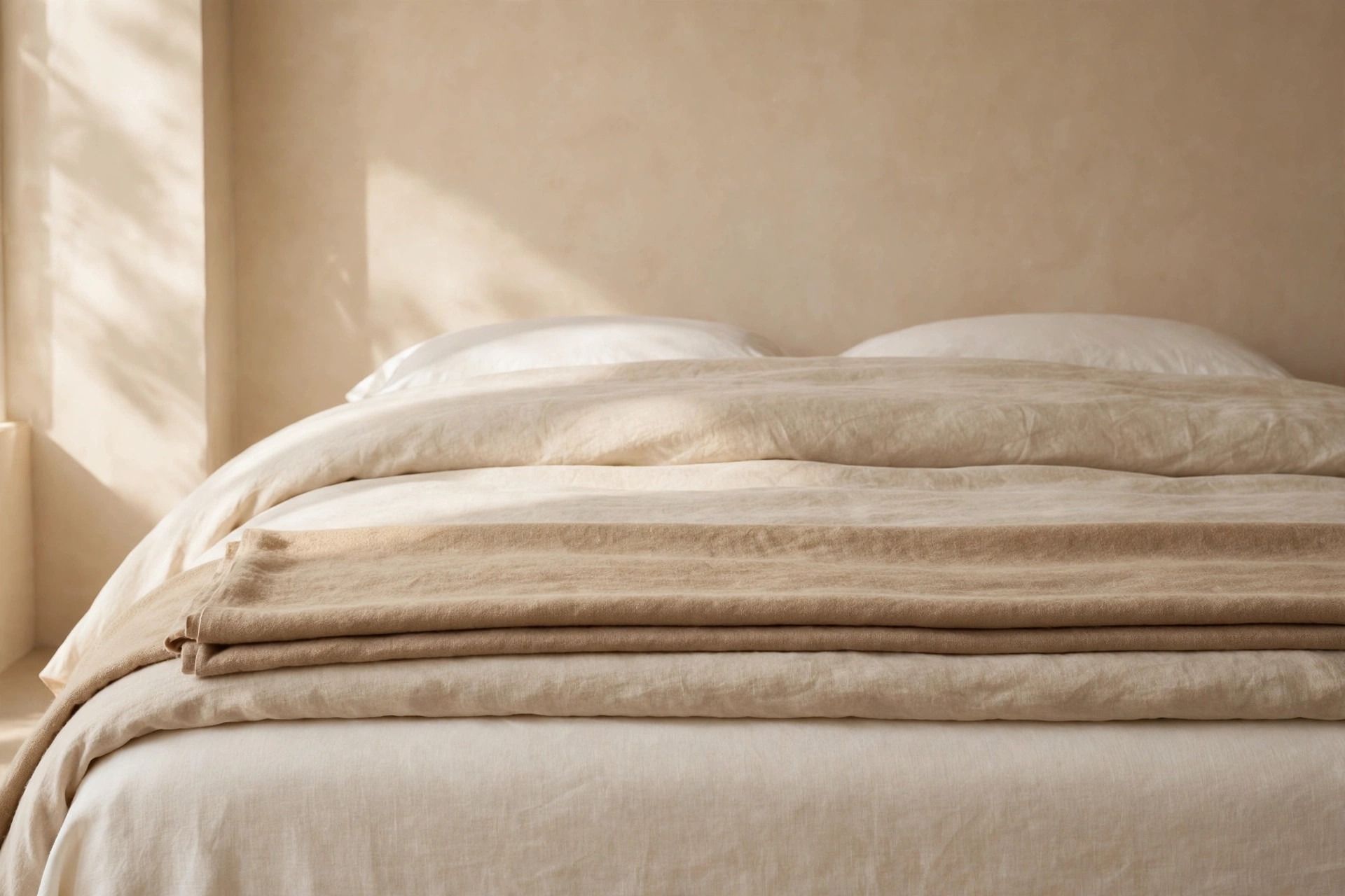 Close view of a bed layered with cream sheets, an oat duvet and a folded sand blanket in warm side light