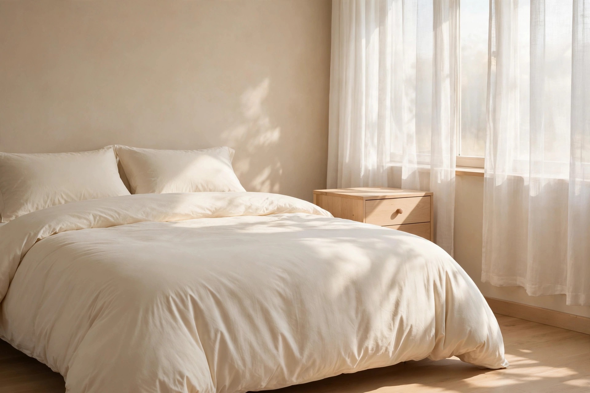 Bed made with one plain puffed cream duvet cover and cream pillows beside a light wood nightstand and sheer curtains