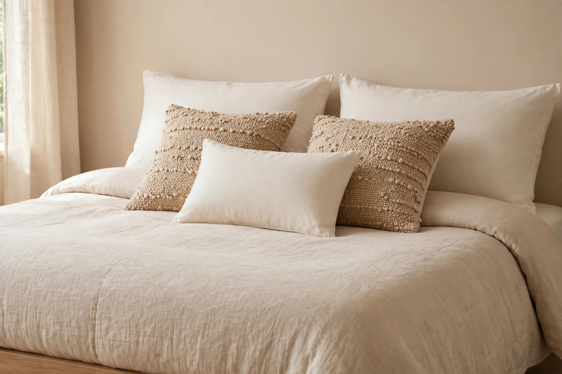 Two nubby sand cushion covers and one smooth cream cushion on an oat duvet in front of cream sleeping pillows
