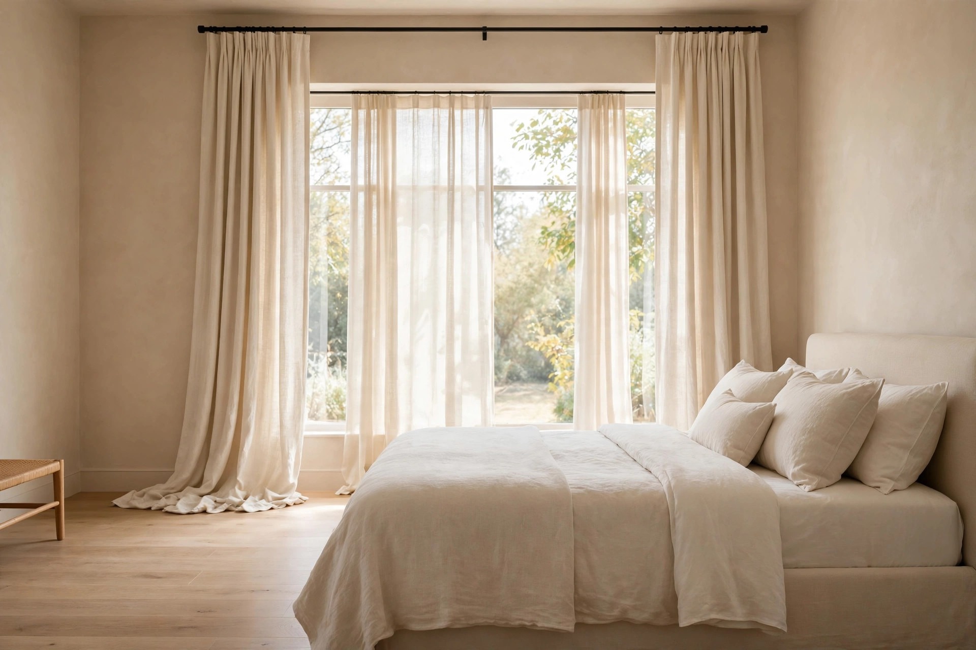 Long cream curtains hung high and wide on a black rod, brushing the floor beside a cream bed in a beige bedroom