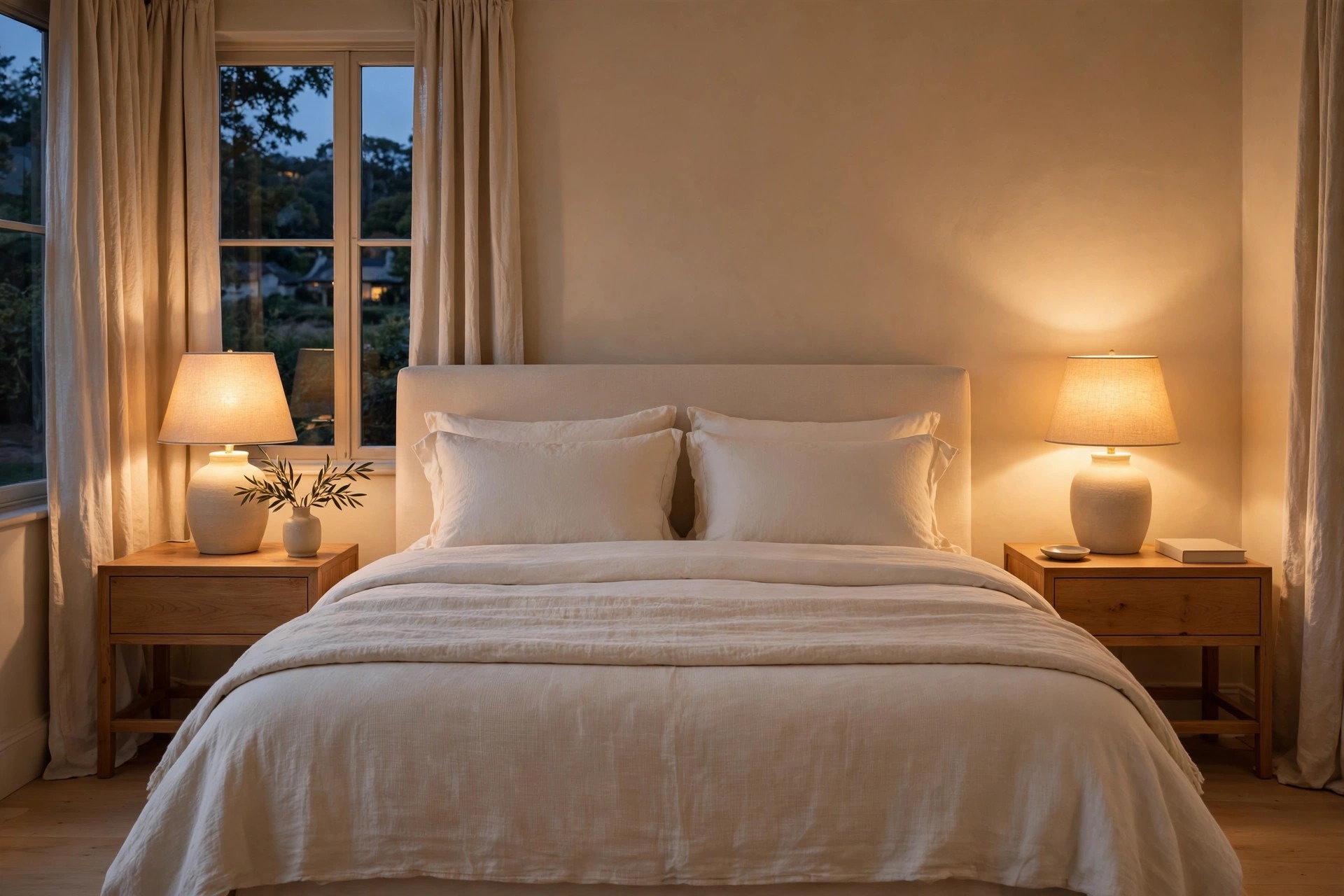 Beige bedroom at dusk with two warm glowing linen shade lamps on wood nightstands either side of a cream bed
