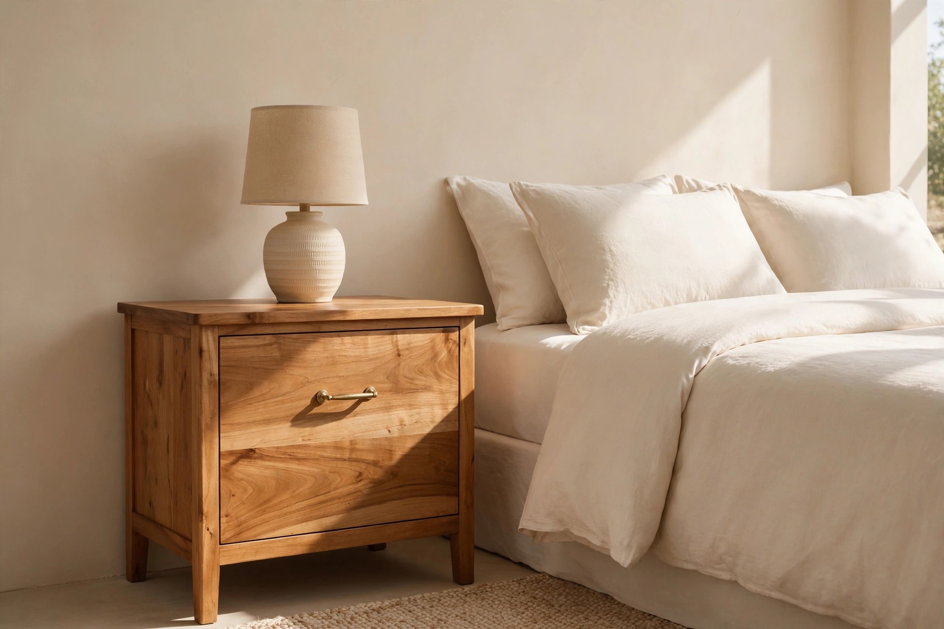 Honey wood nightstand with a brass pull and a ceramic lamp beside a cream bed in morning light
