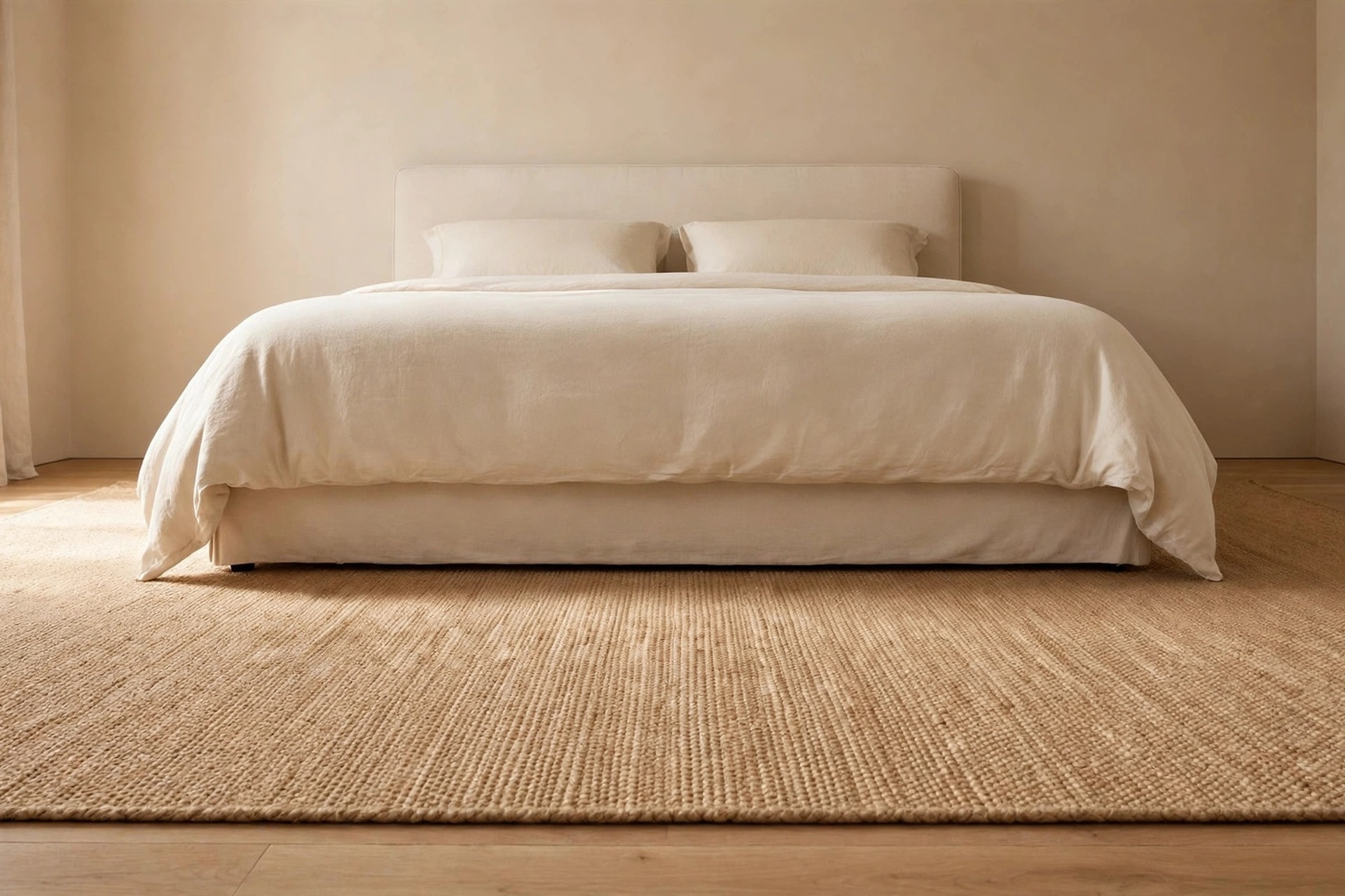 Large sand flatweave rug extending past both sides of a cream bed on a wood floor in a beige bedroom