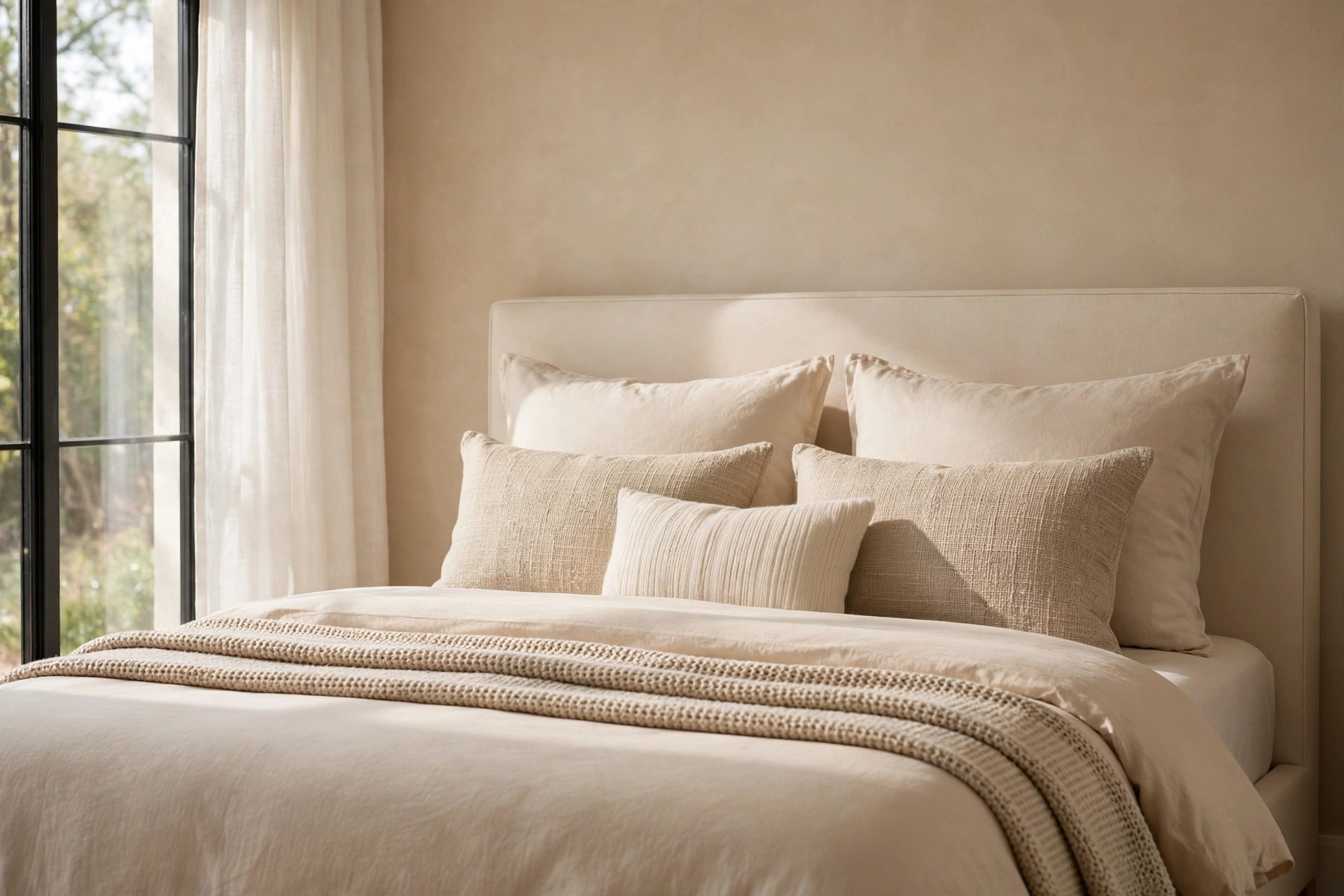 Warm cream fabric headboard with upright sleeping pillows, woven cushions and a knit throw across the bed