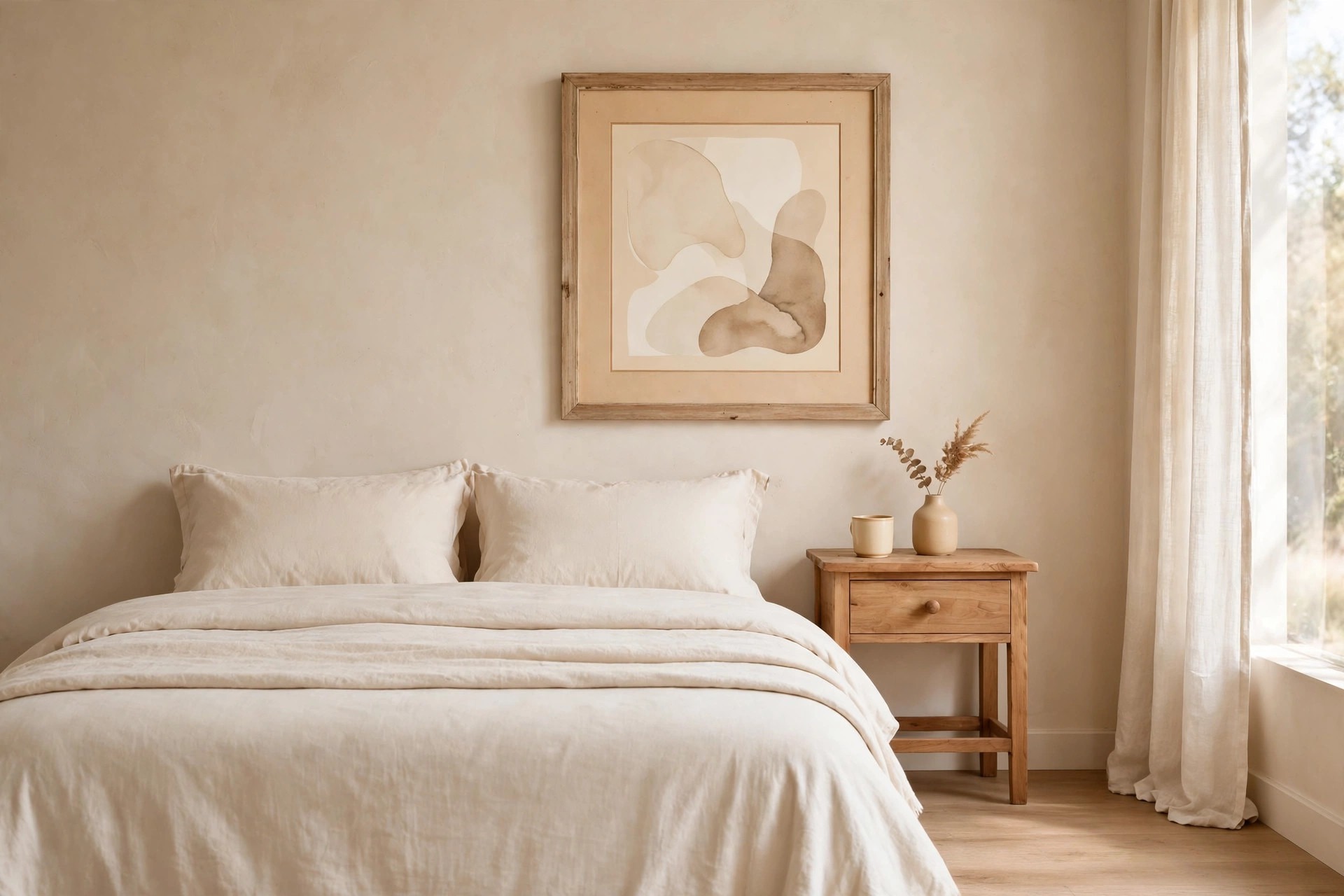 One large abstract print in sand and brown with a cream mat and light wood frame above a cream bed