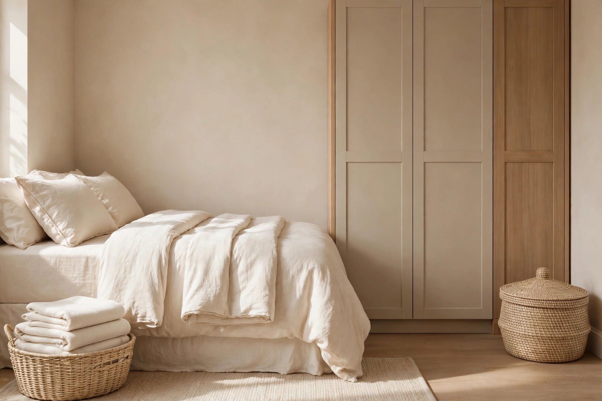Open woven basket with folded cream throws by the bed and a lidded woven basket beside a beige wardrobe