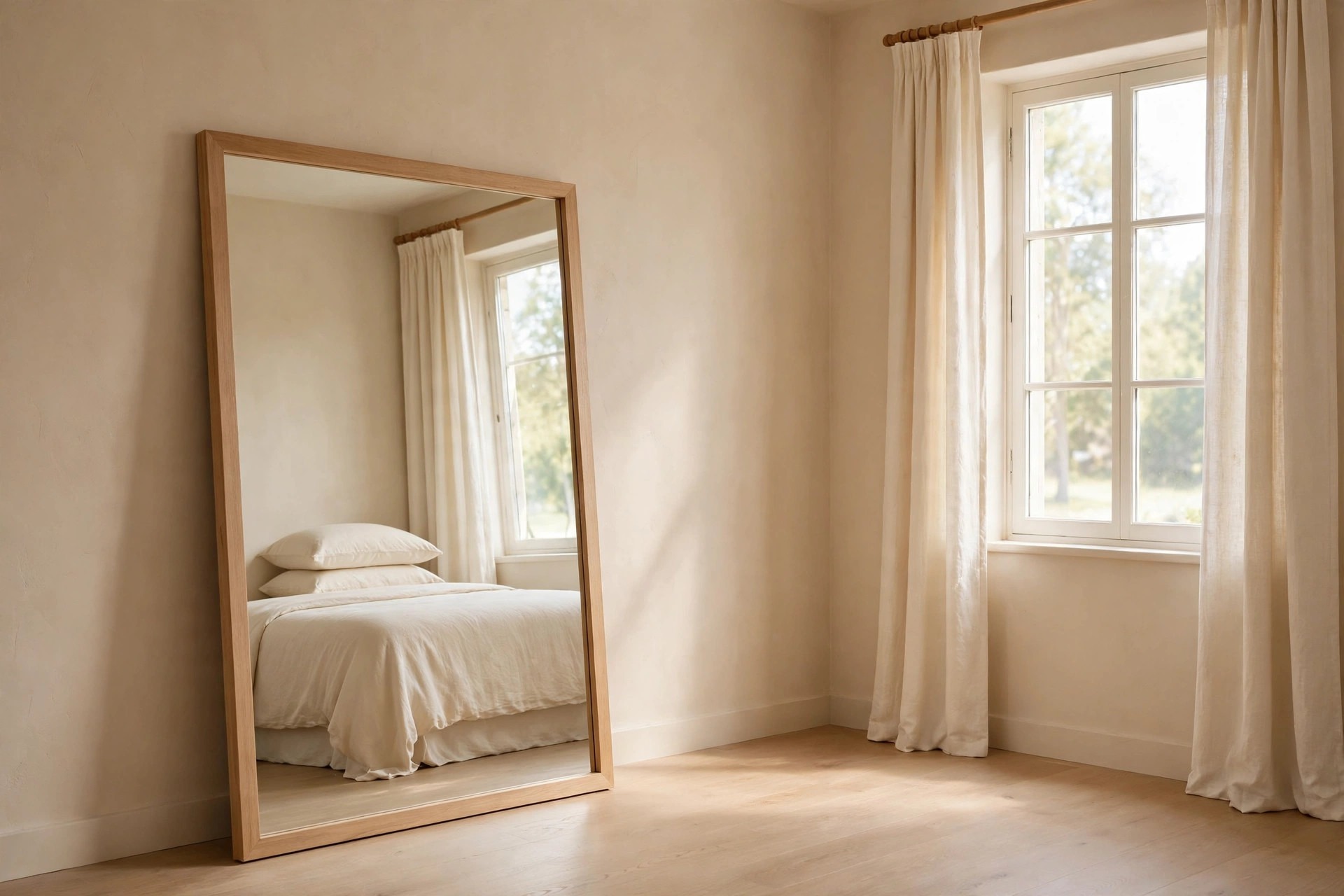 Large wood framed mirror leaning on a beige wall, reflecting a cream bed and a window with cream curtains