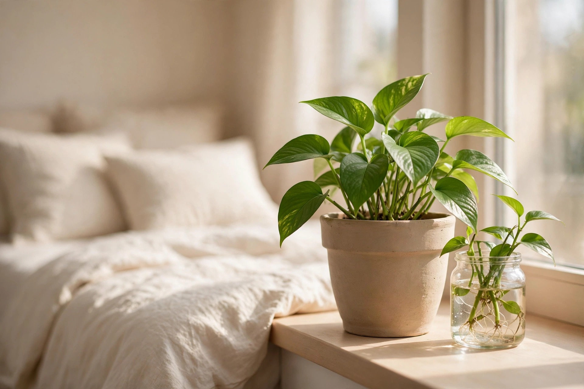 Green plant in a clay pot on a windowsill with a glass jar of cuttings rooting in water, cream bed behind