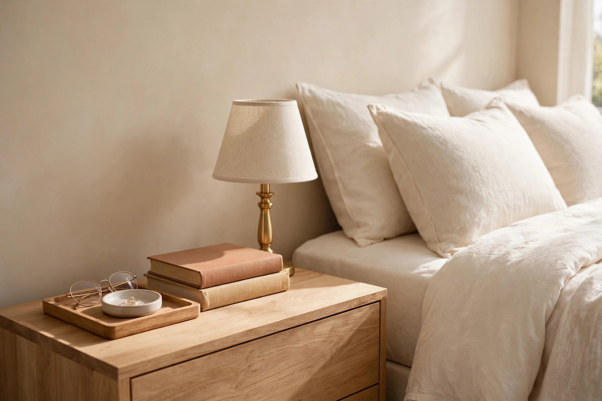 Wood nightstand with a tray holding glasses and a ring dish, two warm toned books and a brass lamp beside a cream bed