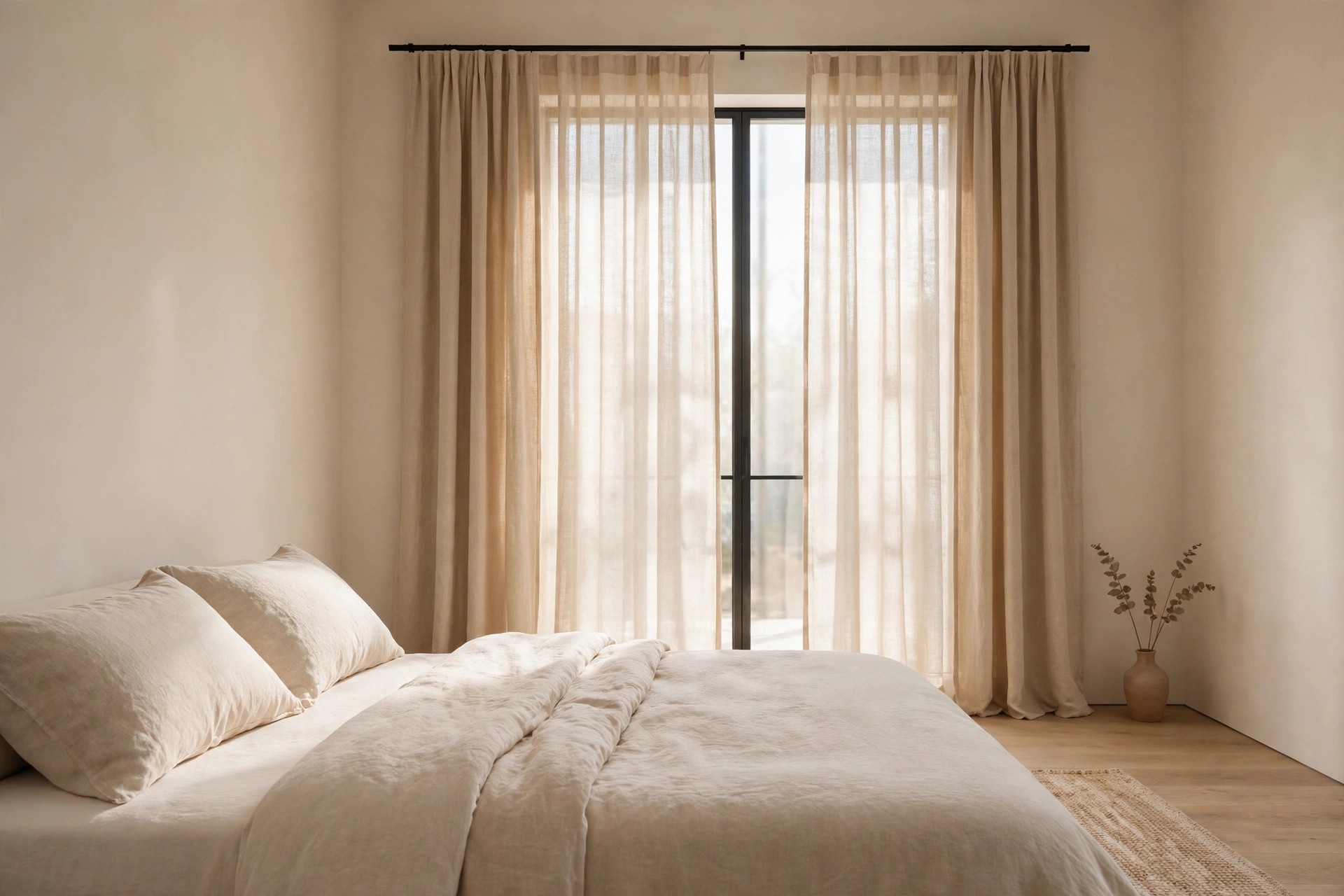 Beige linen curtains hanging from a thin black rod over a tall window behind a cream bed