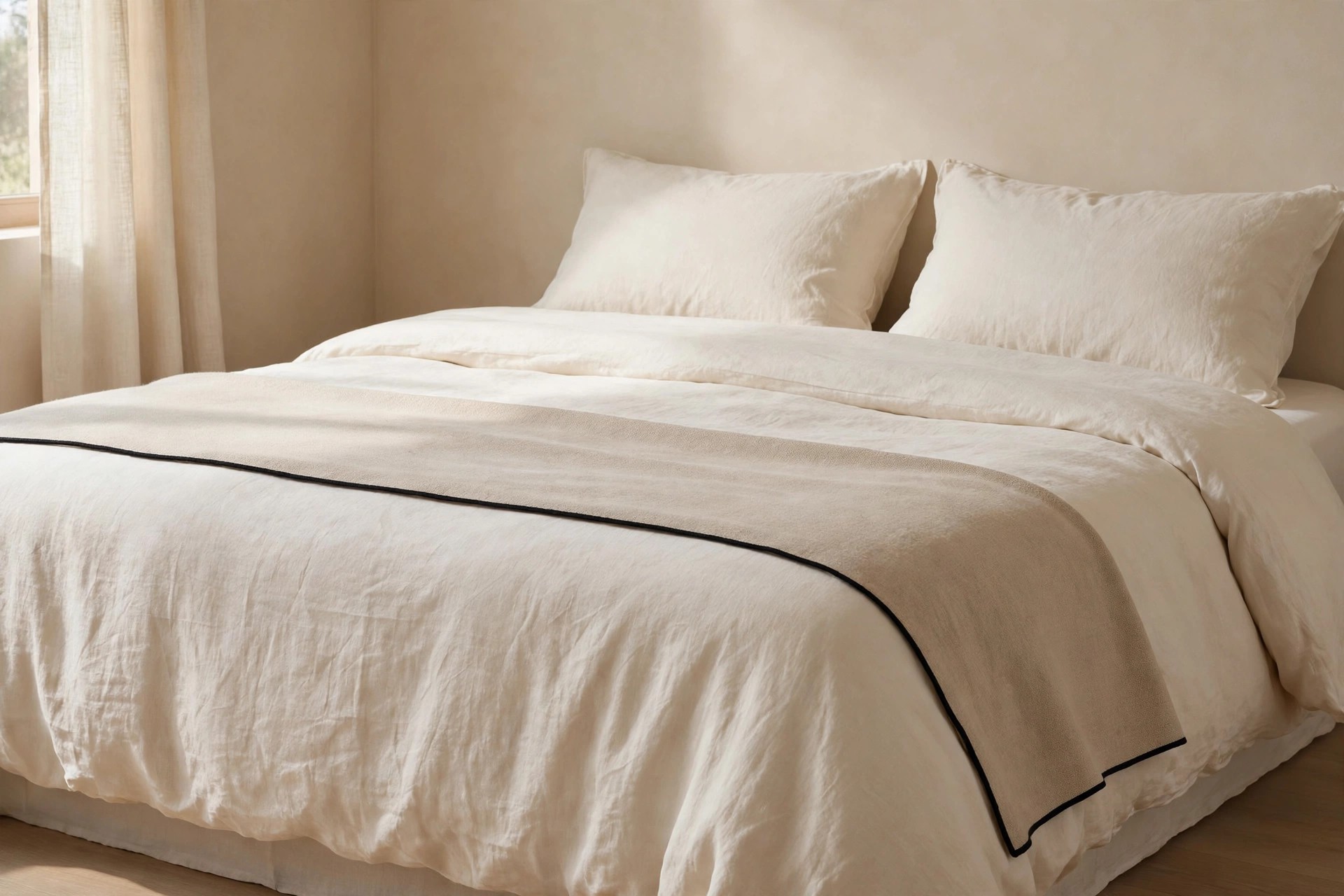Cream bed with a beige throw with a thin black edge laid flat across the foot