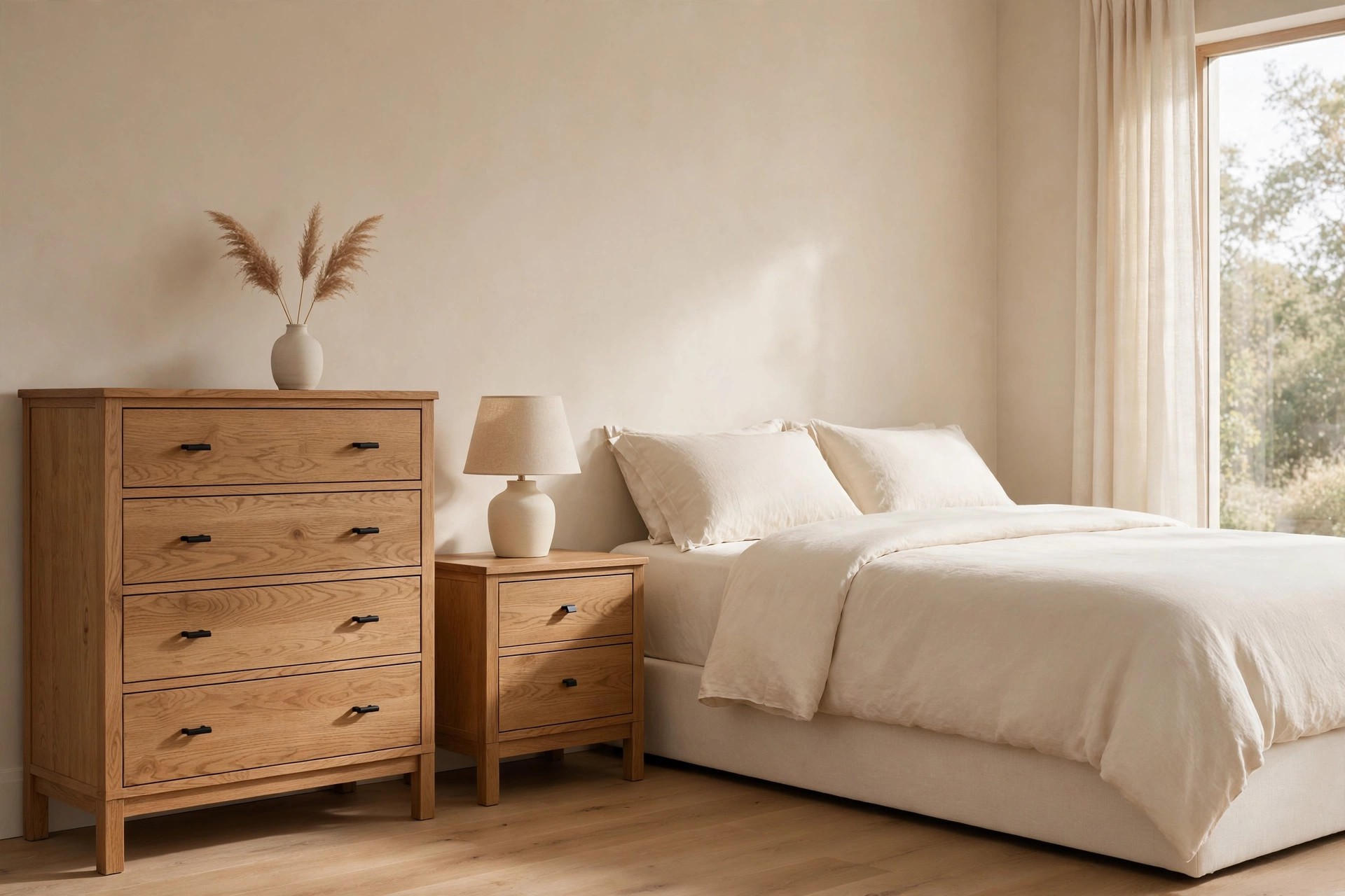 Oak dresser and nightstand with small black drawer pulls beside a cream bed in a beige bedroom