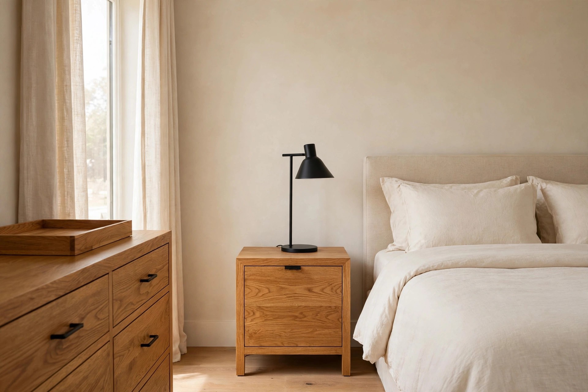 Matte black lamp on a honey oak nightstand beside a cream bed, with a wood tray on the dresser