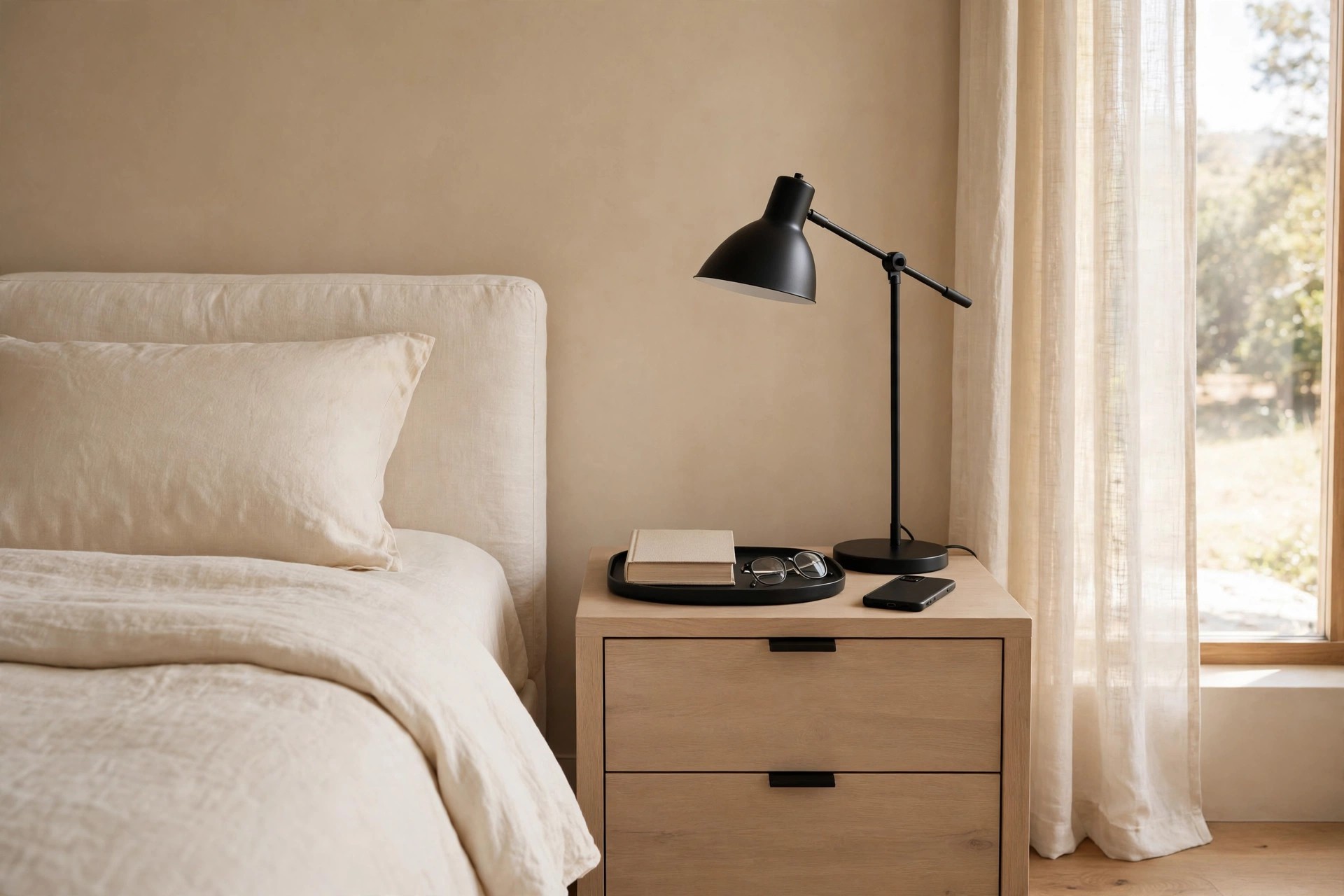 Small black tray holding a book, glasses and a phone on an oak nightstand beside a black lamp