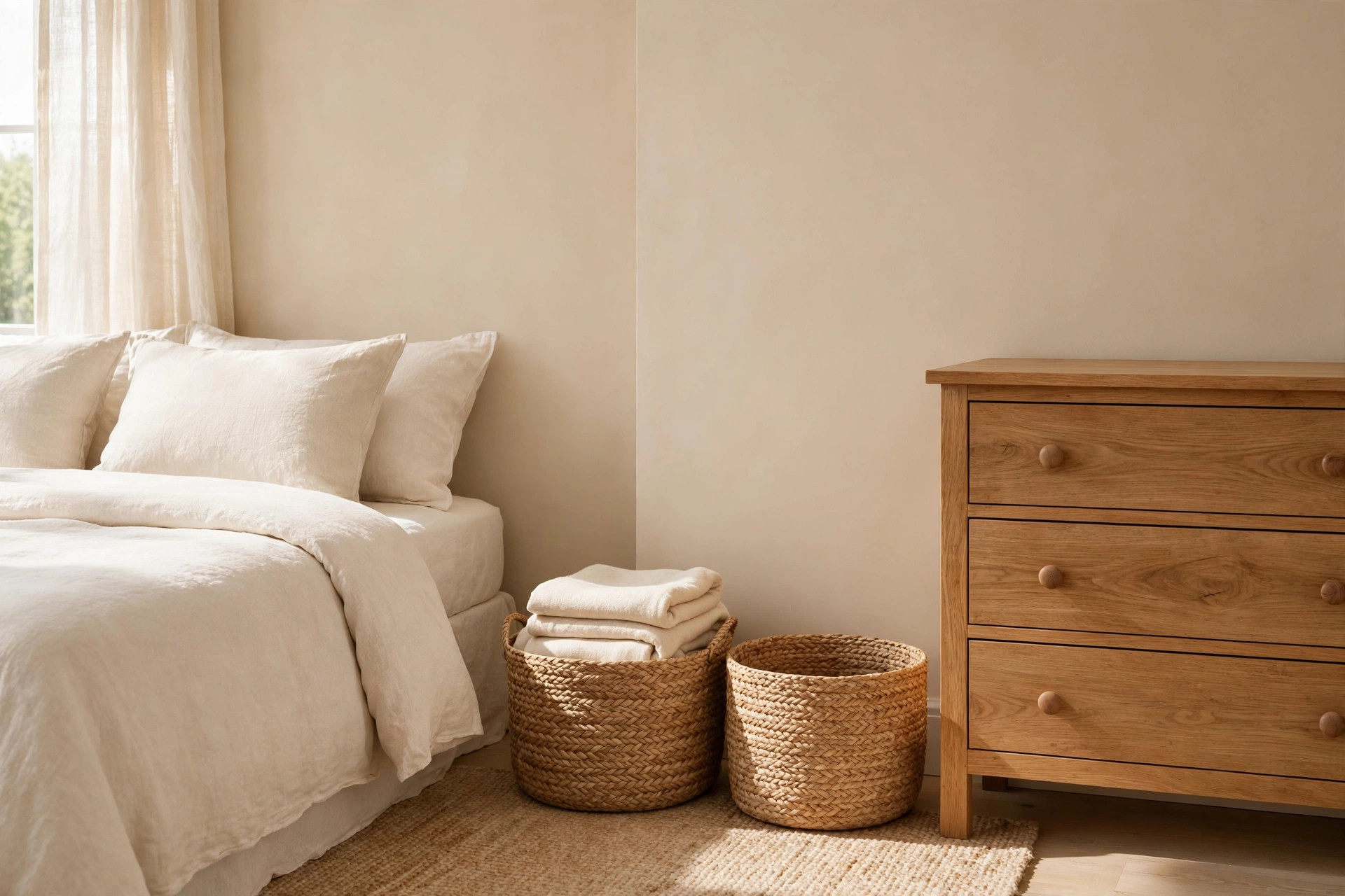 Two woven seagrass baskets with folded cream throws beside a wood dresser and cream bed
