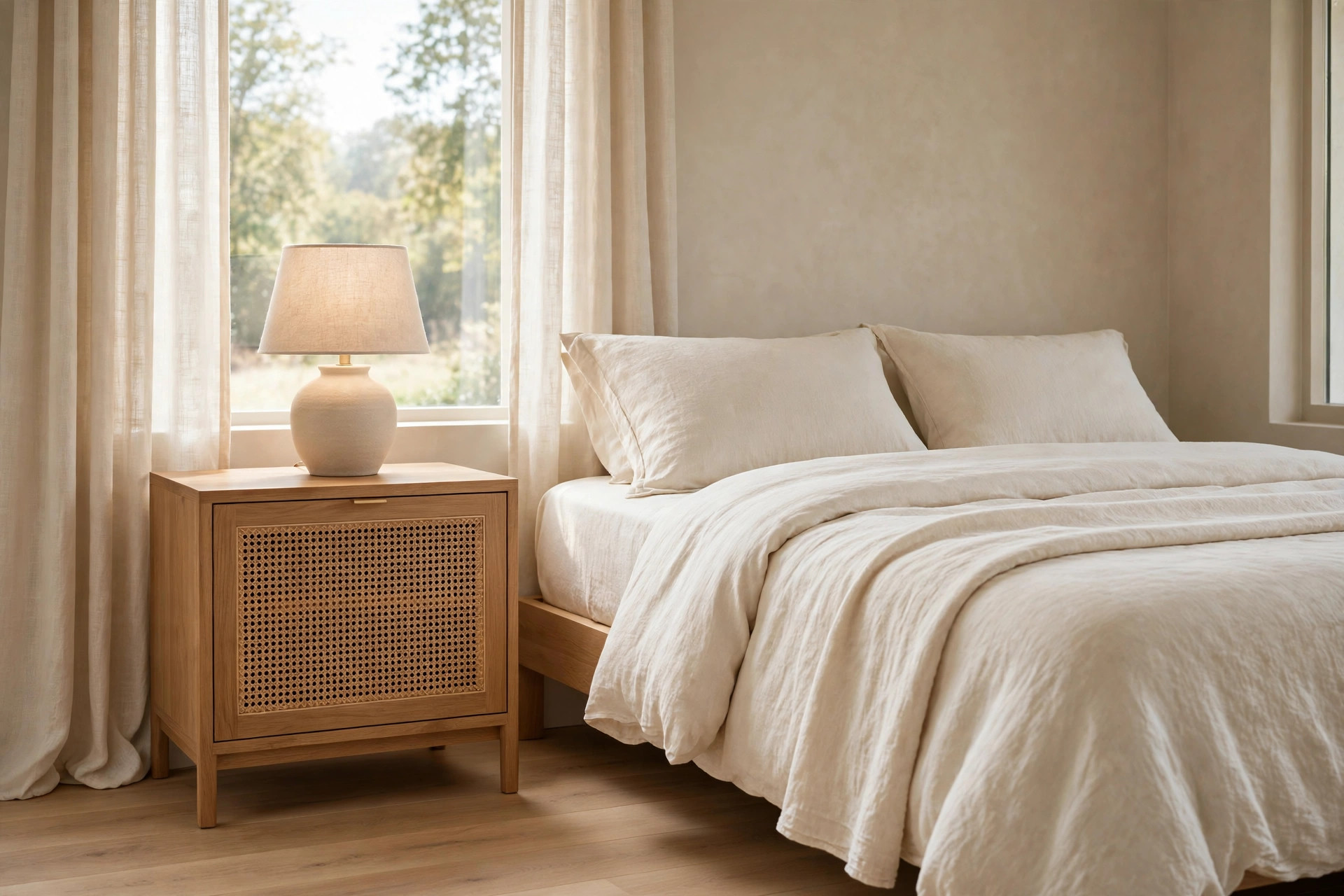 Oak nightstand with a cane webbing door and ceramic lamp beside a cream linen bed
