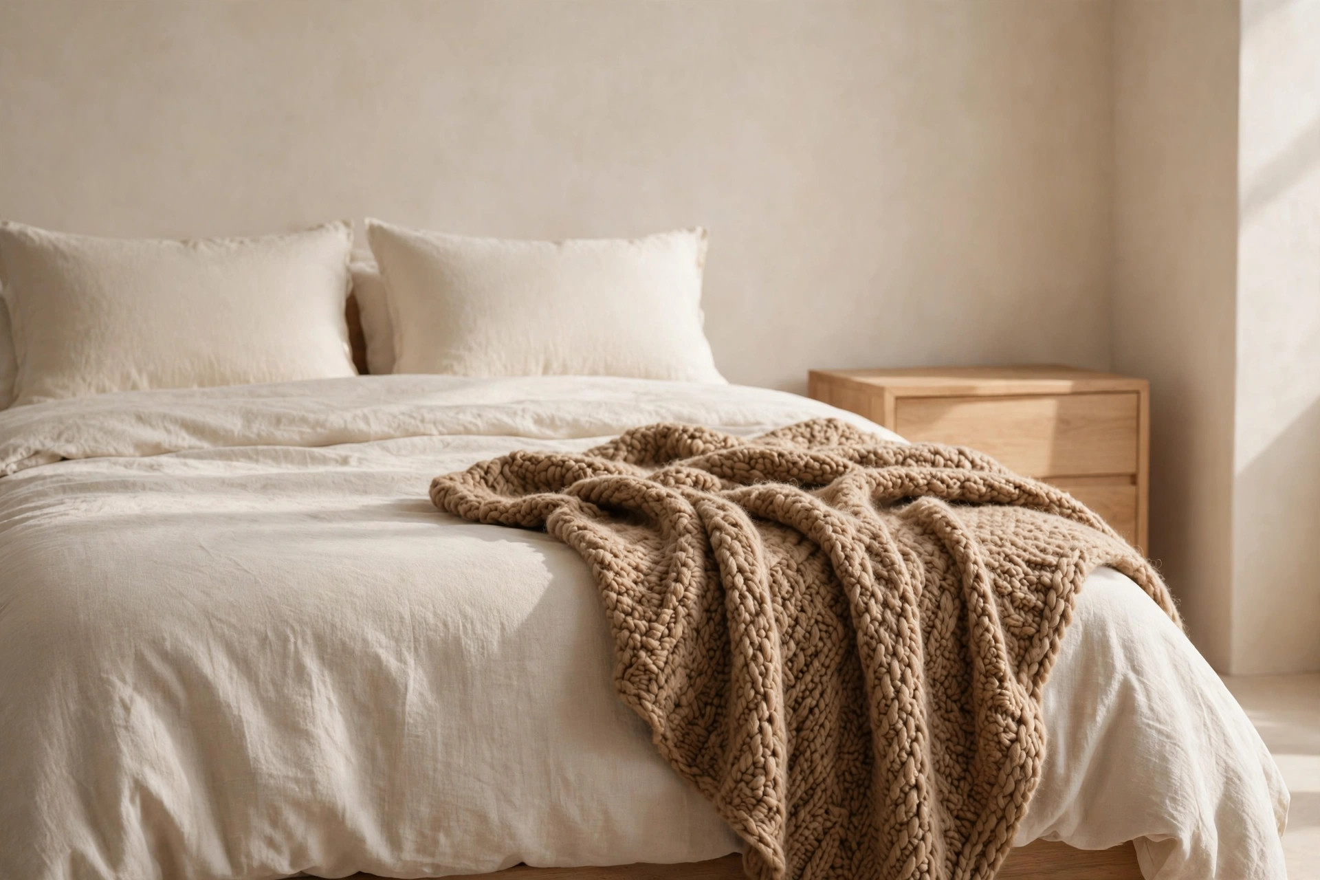 Chunky camel knit wool throw draped over the corner of a cream linen bed